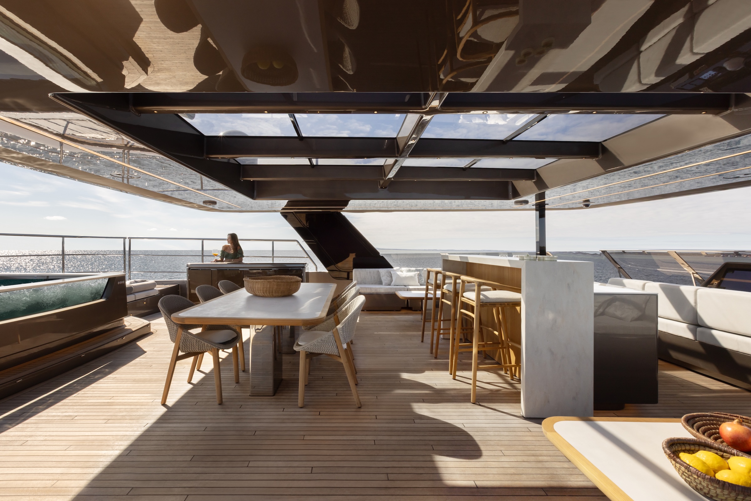 Upper deck dining area on the 100 Sunreef Power