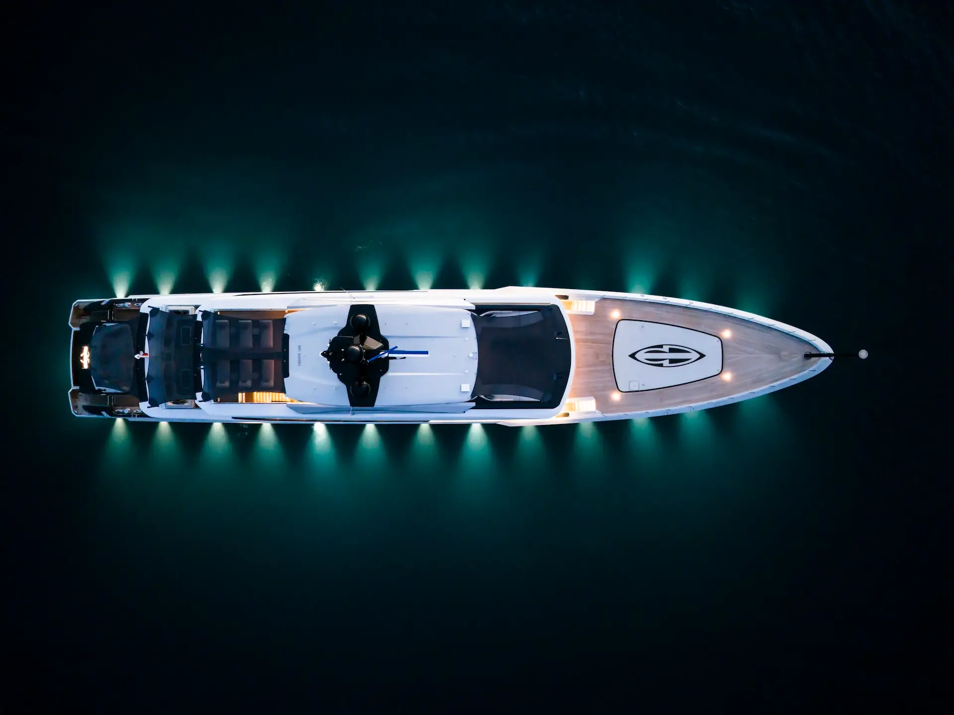 Aerial night view with turquoise lights