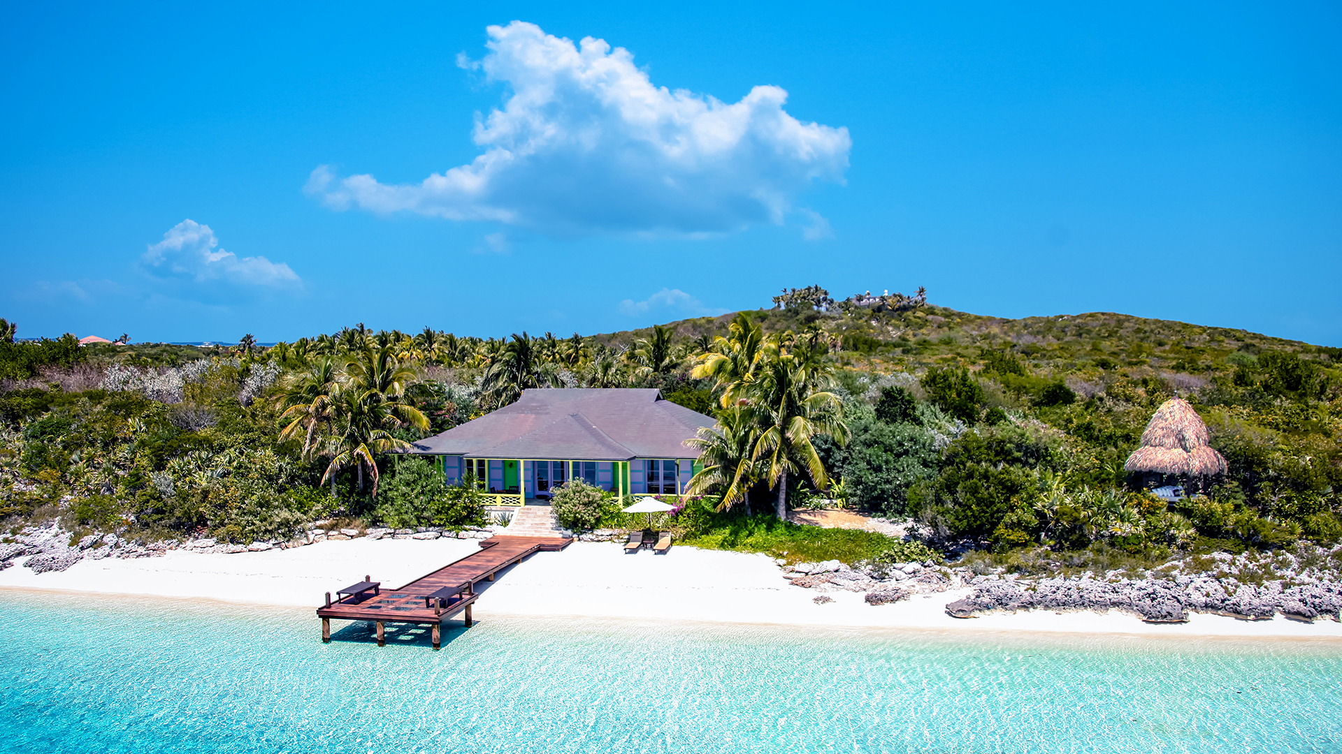 Vista aérea de Pier House en Musha Cay