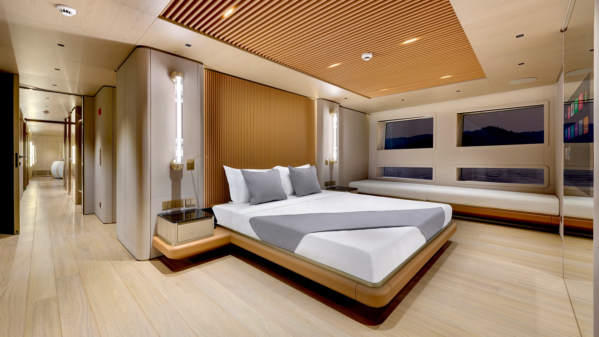 Owner's suite of the Alia 43M, full-beam, on the main deck forward