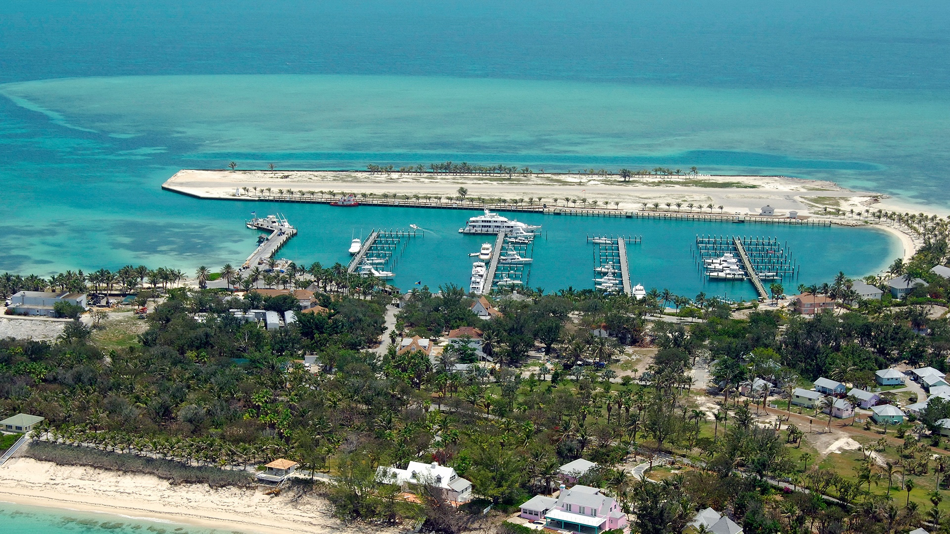Aerial view of Cat Cay marina, Bimini, with yachts at the docks
