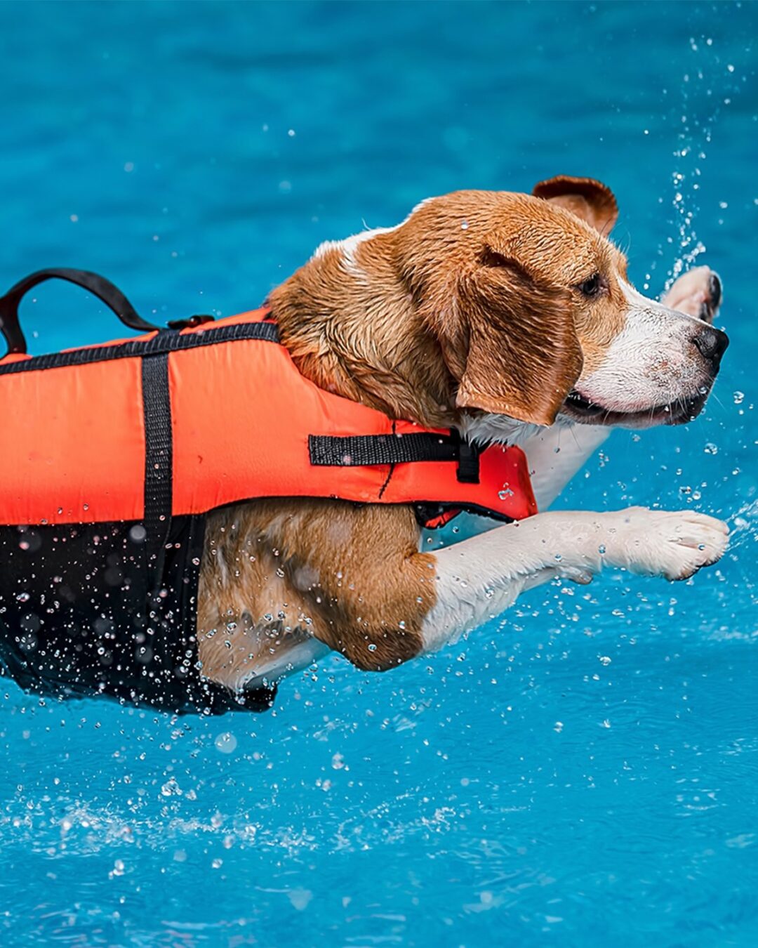 Un perro saltando al agua con su chaleco salvavidas