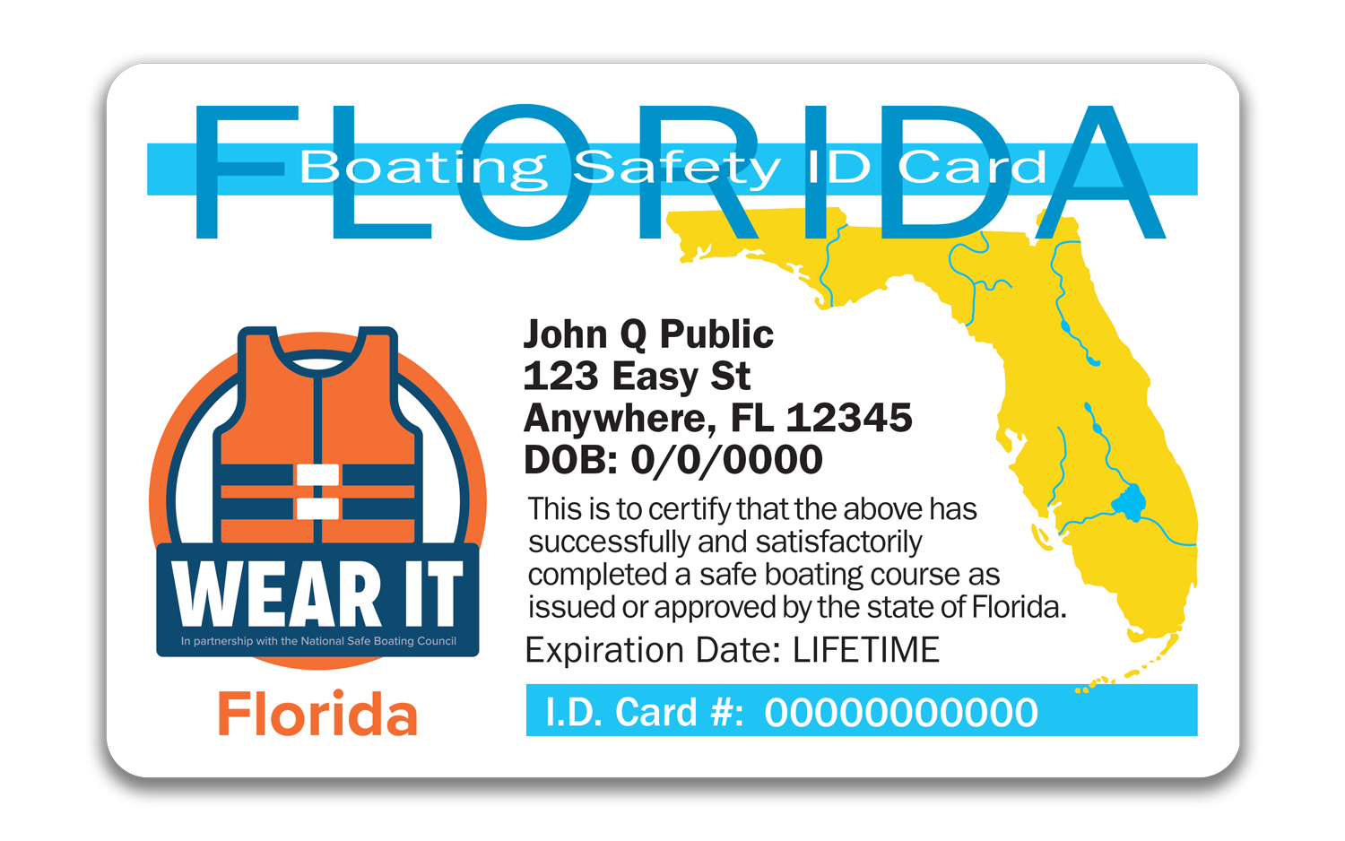 A printed Florida boating safety identification card