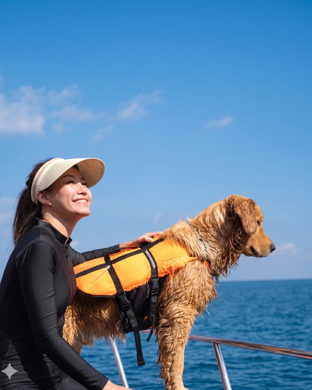 Una mujer con su Golden Retriever en chaleco salvavidas a bordo