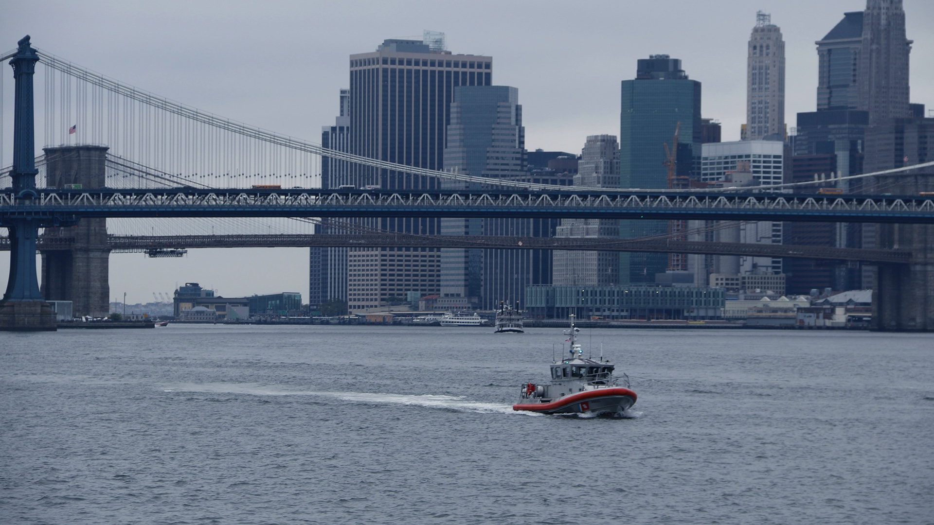 A United States Coast Guard vessel underway on the Hudson River, New York