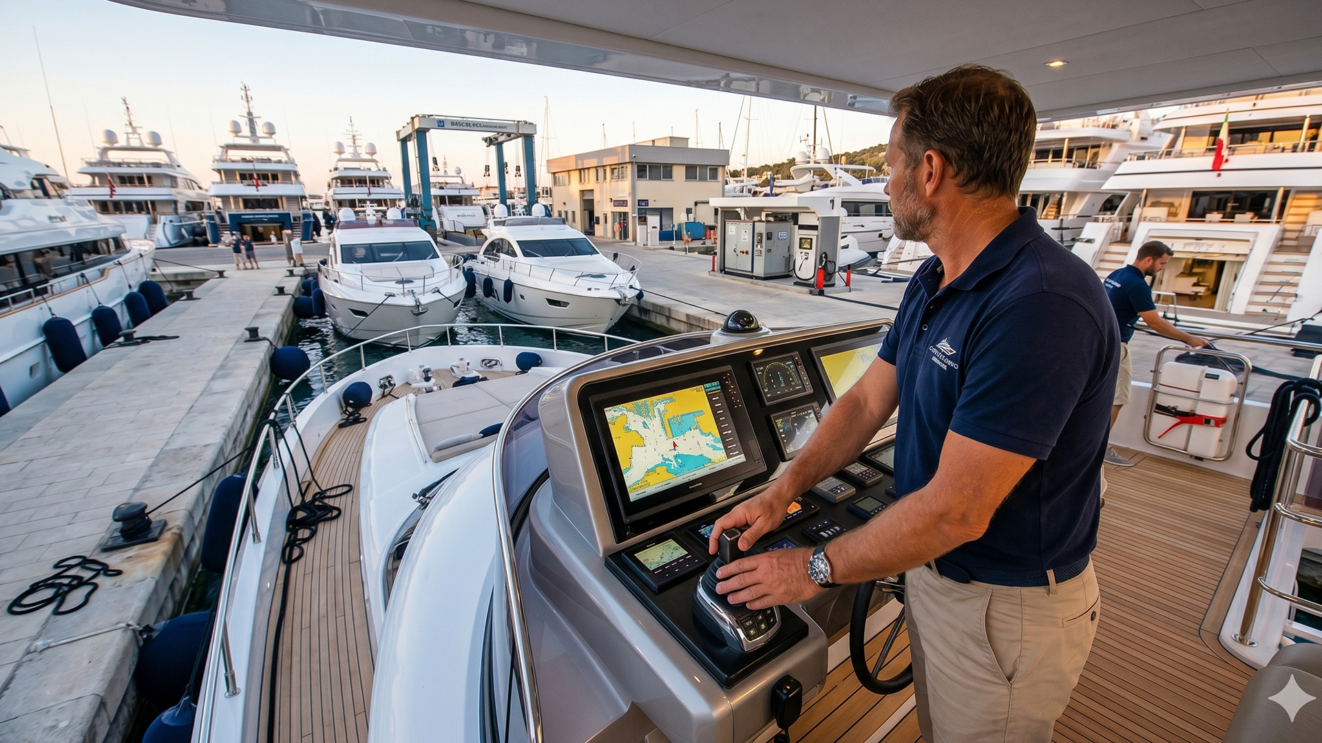 Captain at the flybridge helm, hand on the joystick