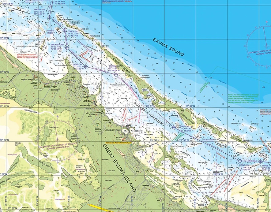 Carta náutica de las Exumas, Bahamas, con canales y arrecifes