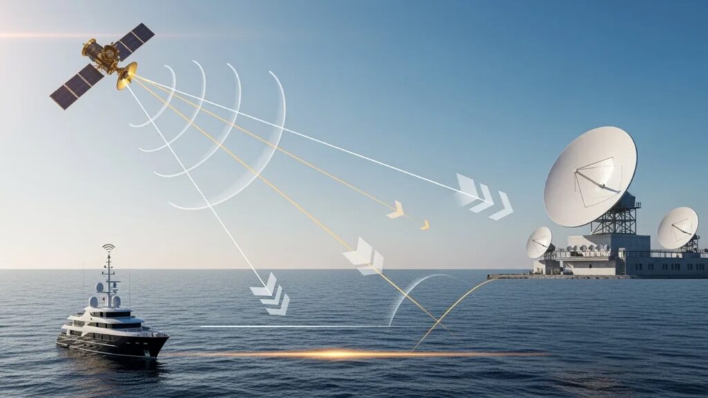 1920 X 1080 Ilustracion de cómo se conecta un barco con internet en el mar. how a yachts system works