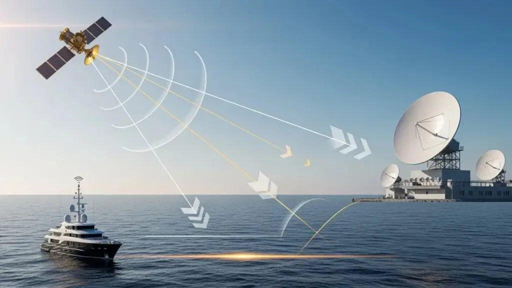 1920 X 1080 Ilustracion de cómo se conecta un barco con internet en el mar. how a yachts system works
