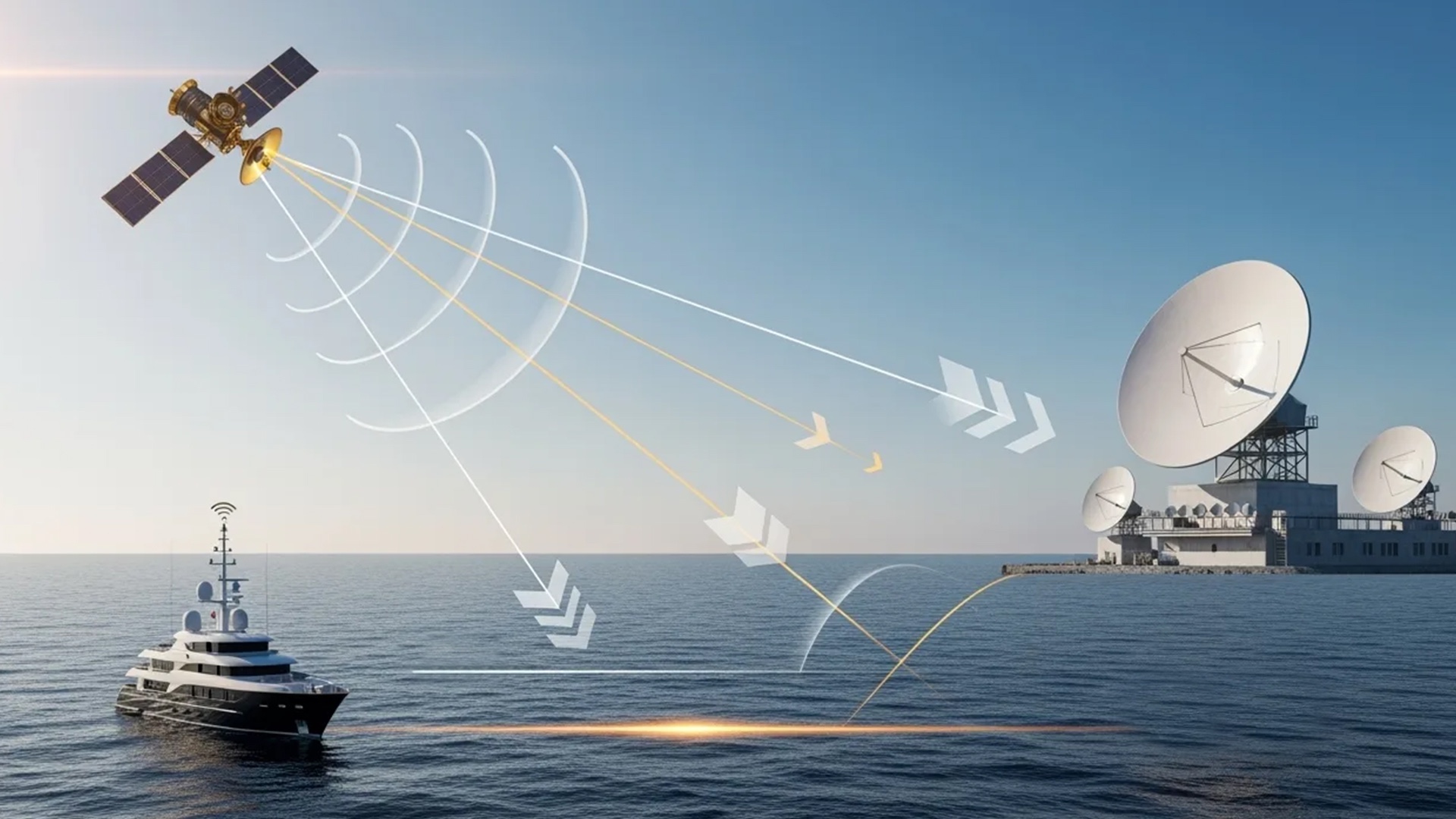 Ilustración de cómo funciona el sistema de conectividad de un yate en el mar