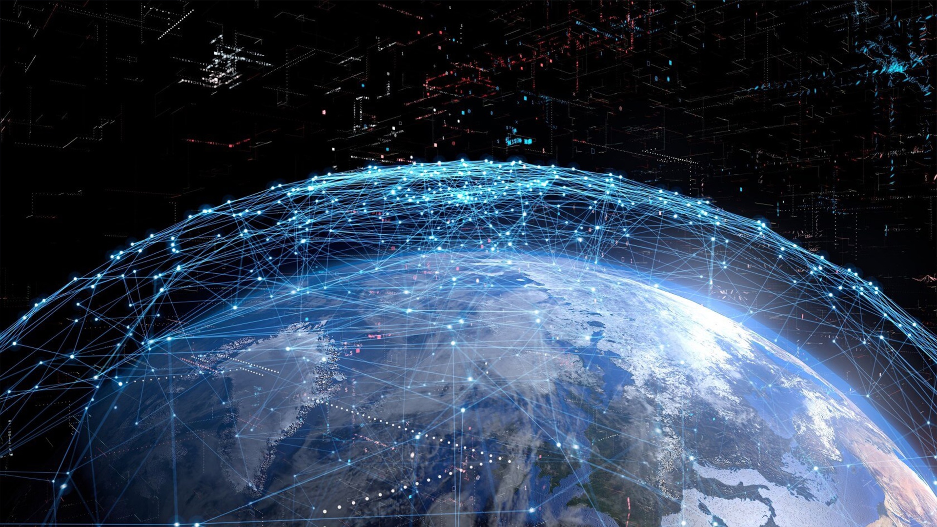 Ilustración del planeta rodeado de redes de comunicación interconectadas