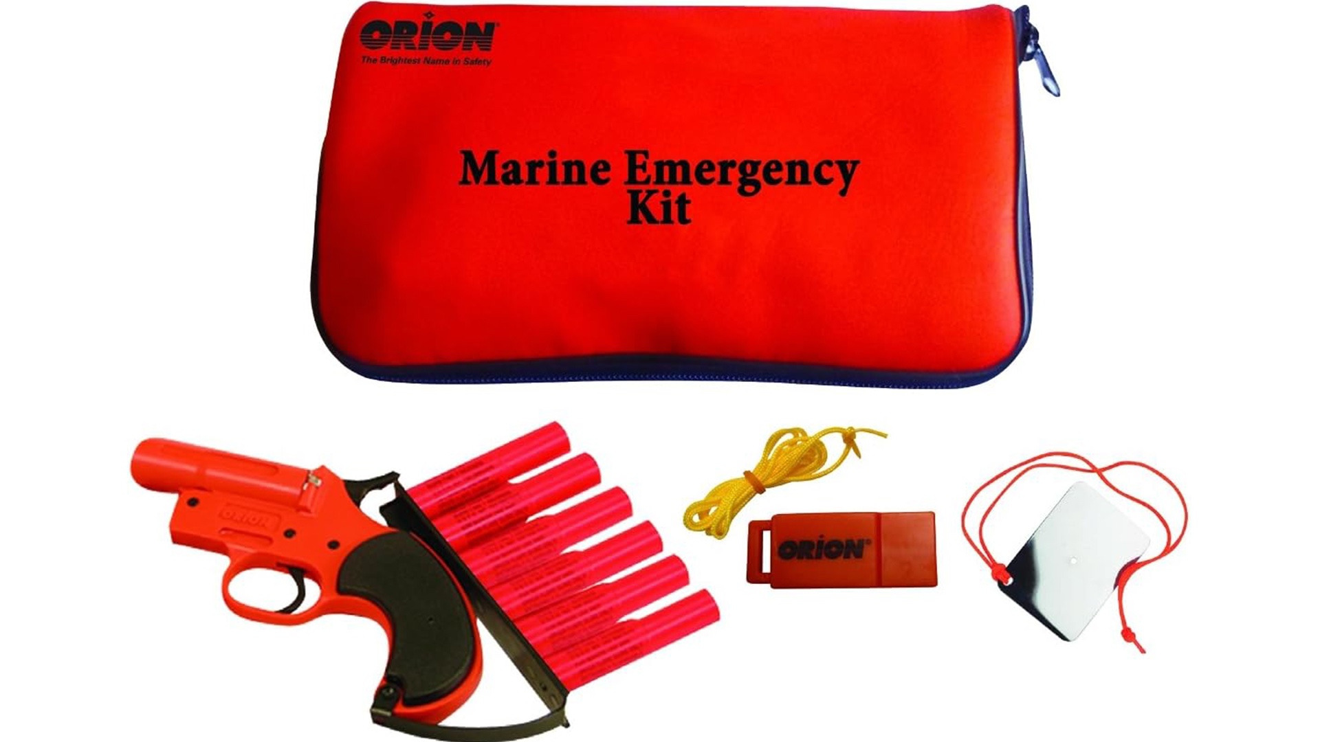A complete marine emergency kit laid out for inspection: life jacket, flares, signal mirror, whistle, first aid, and EPIRB