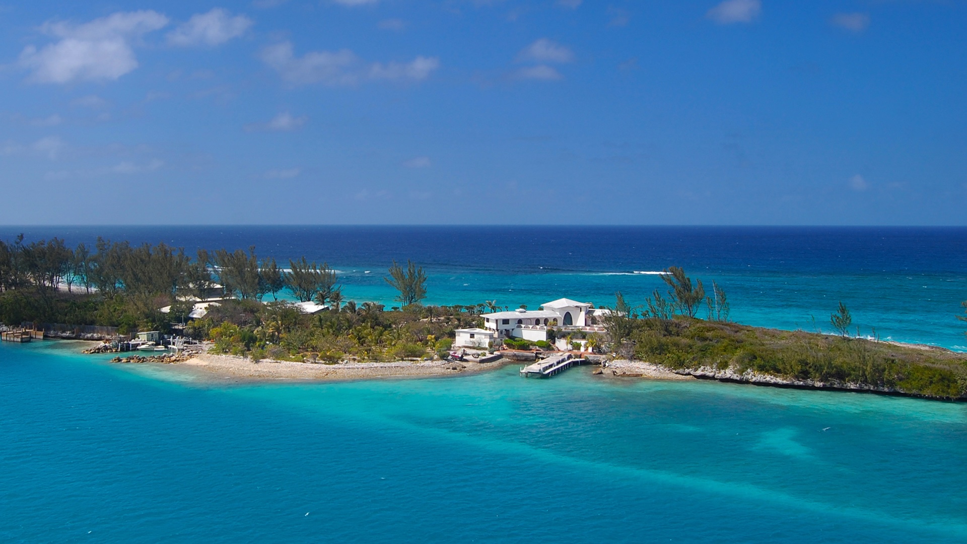 Aerial view of a private island compound in central Bahamas