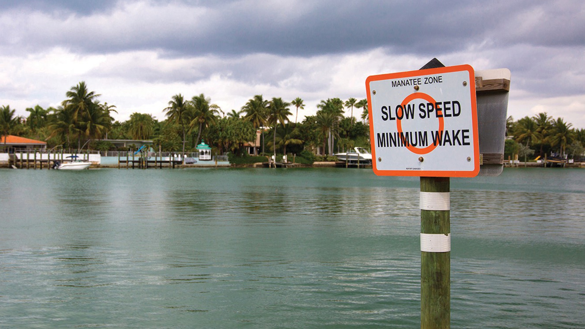 Cartel Slow Speed Manatee Zone sobre la bahía