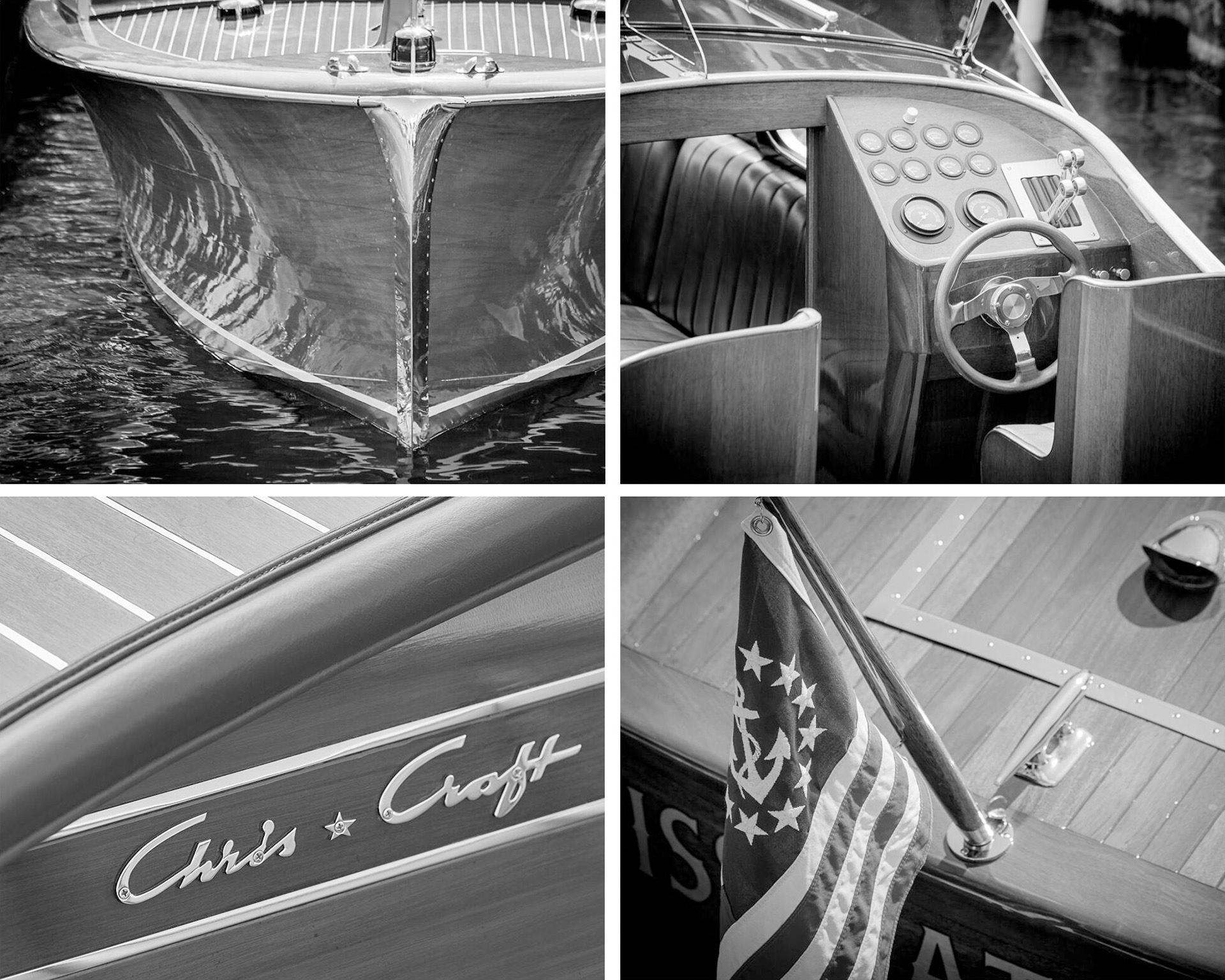 Detalles de una Chris-Craft vintage, evocando los primeros runabouts estandarizados