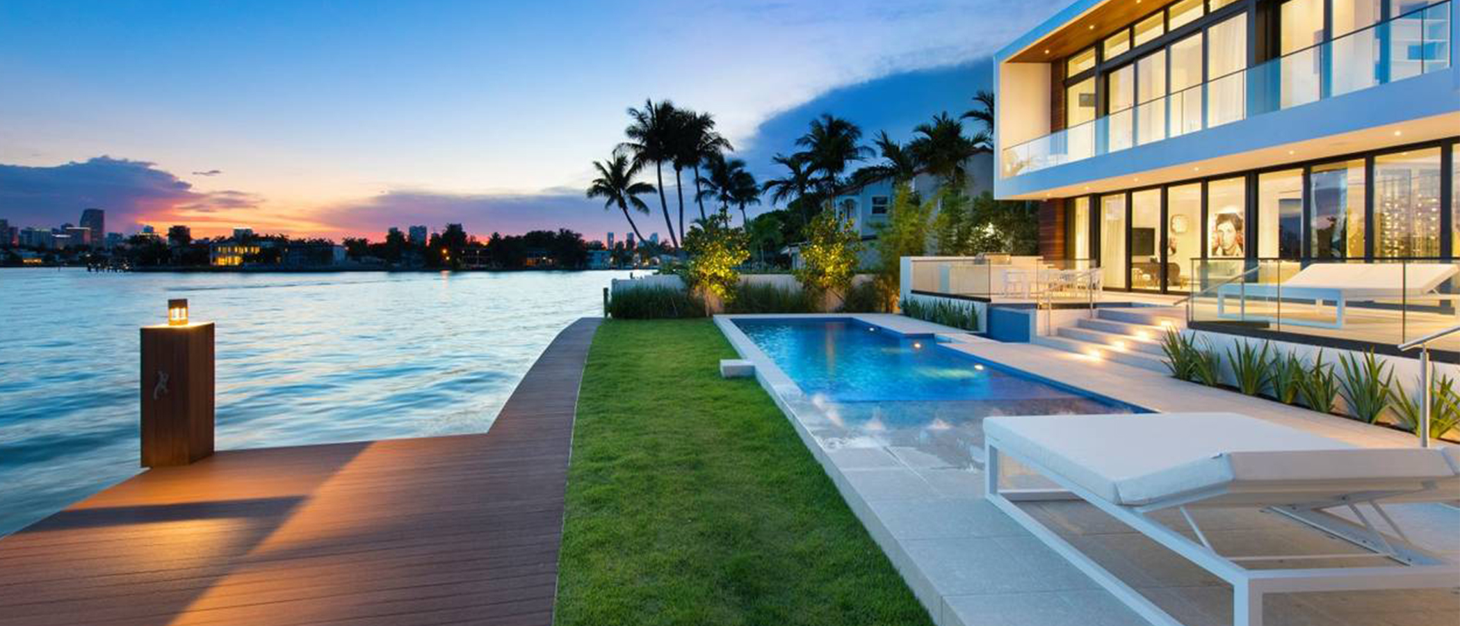 View from a private dock at sunset, panoramic composition