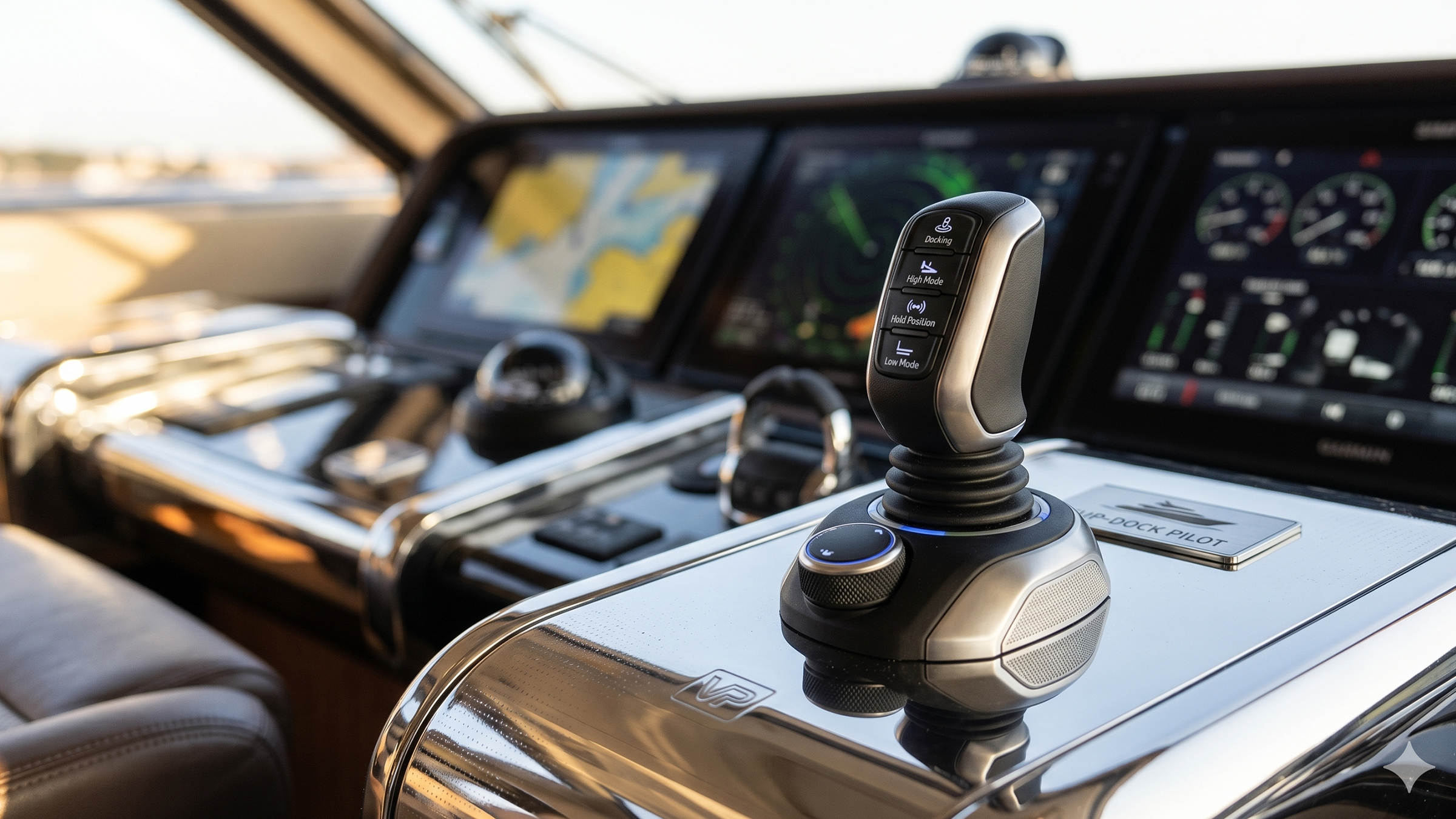 Detail of the joystick on a yacht helm, with multifunction displays in the background
