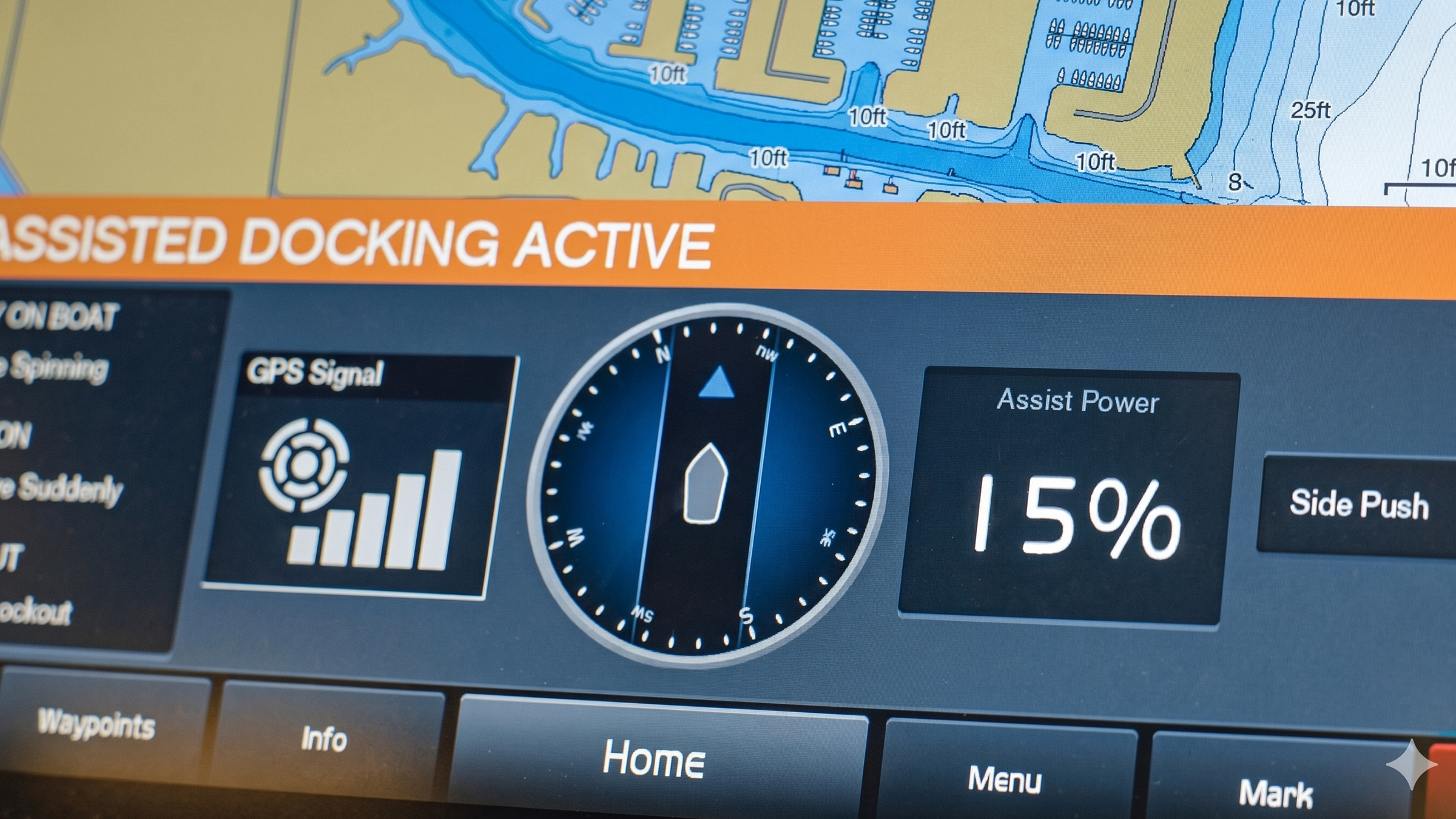 Multifunction display showing a synthesized top-down 360-degree view of the yacht with a configurable safety perimeter