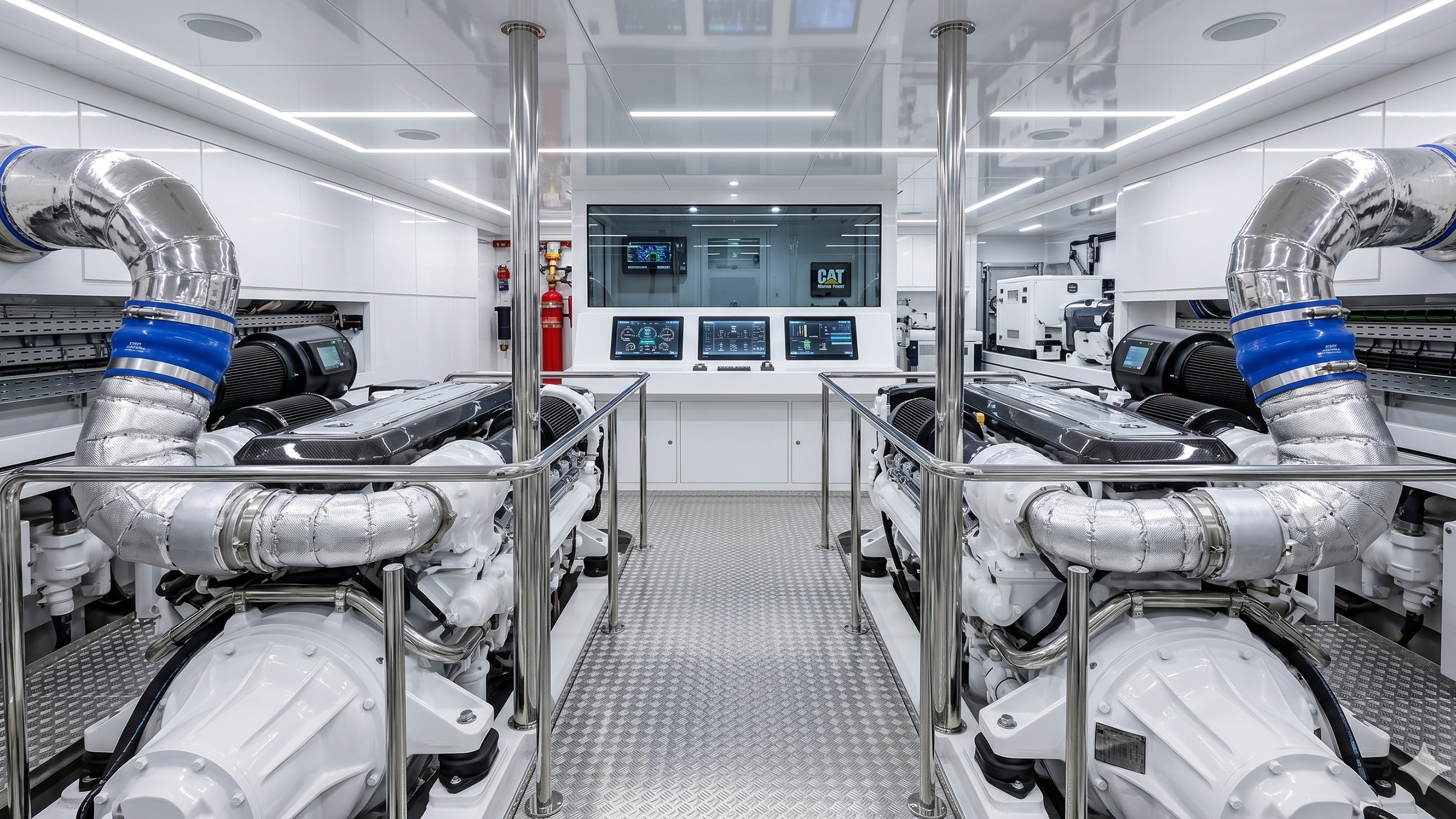 Sala de máquinas de yate con motores y paneles a la vista