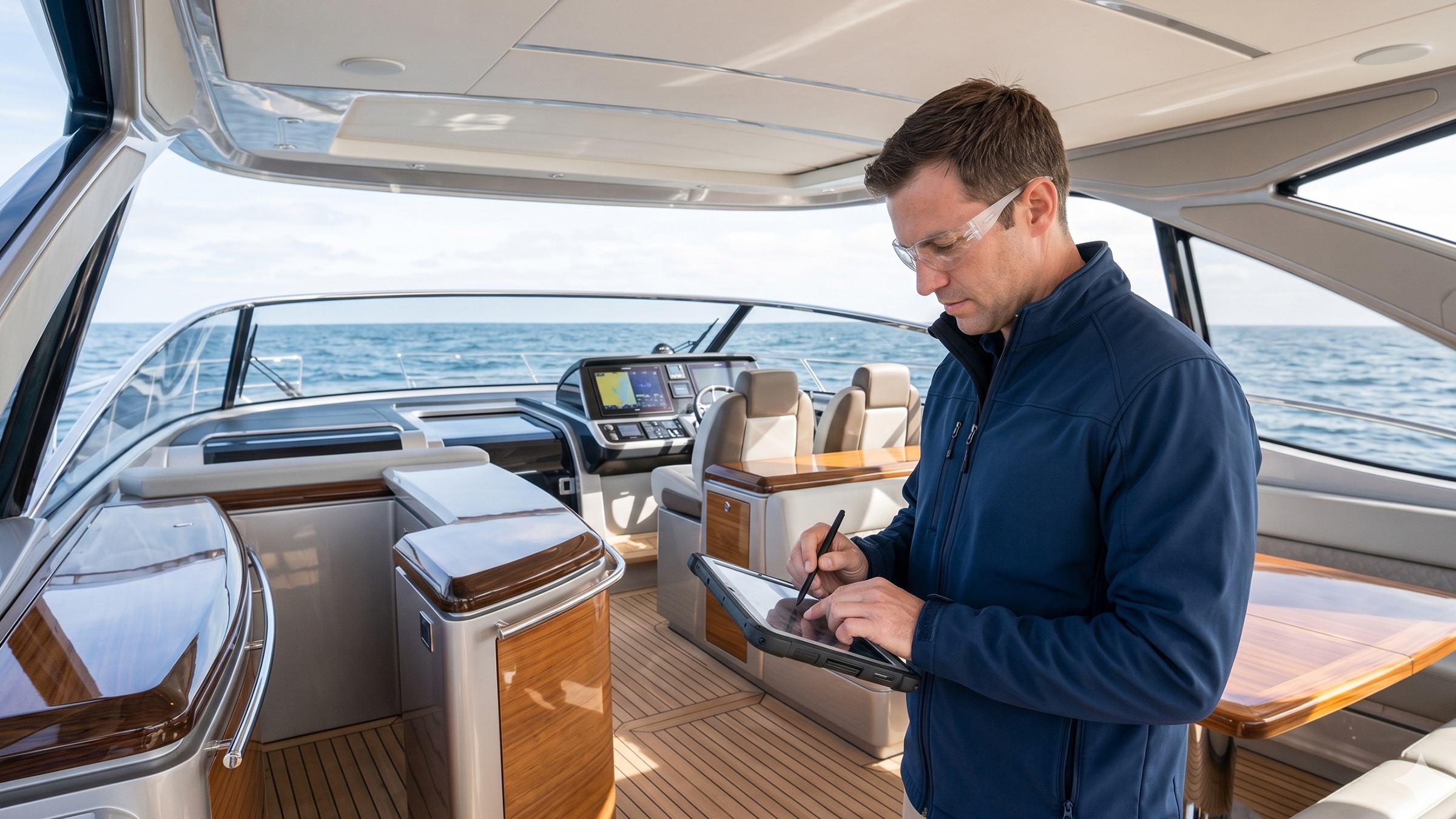 Un marine surveyor en el cockpit de un yate tomando notas en una tablet