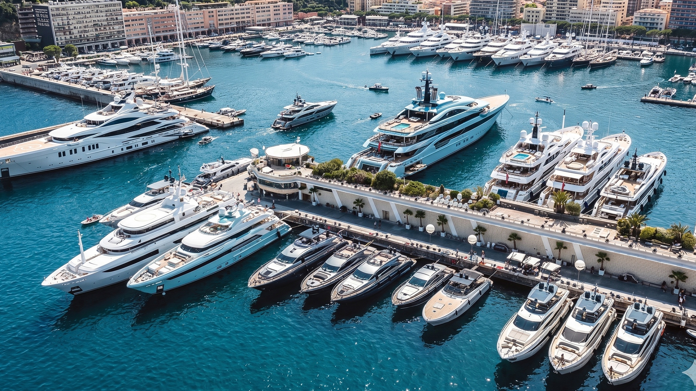 Vista aérea de varios barcos en exposición de venta en una marina
