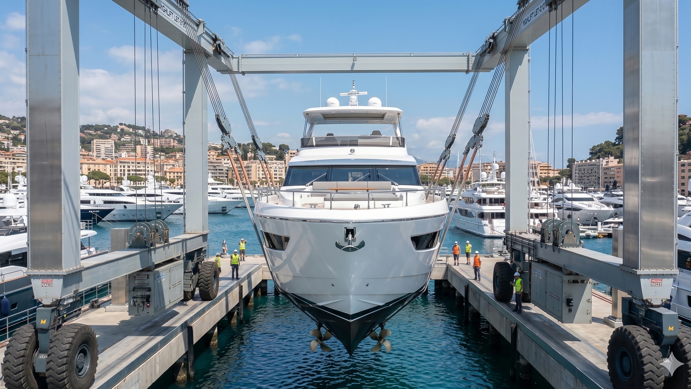 Un yate suspendido por un travelift entrando al boatyard