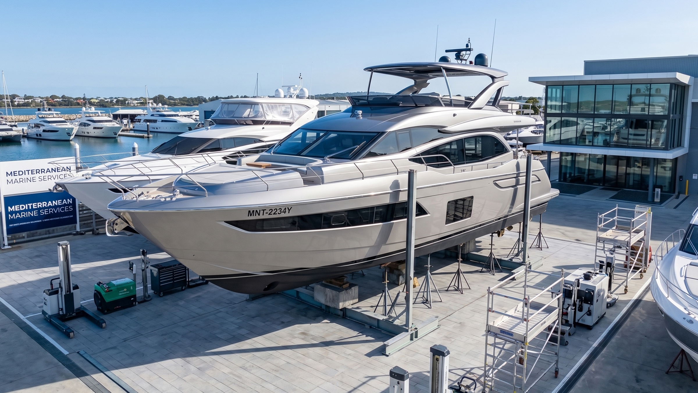 Un yate estacionado en un boatyard, listo para inspección de casco