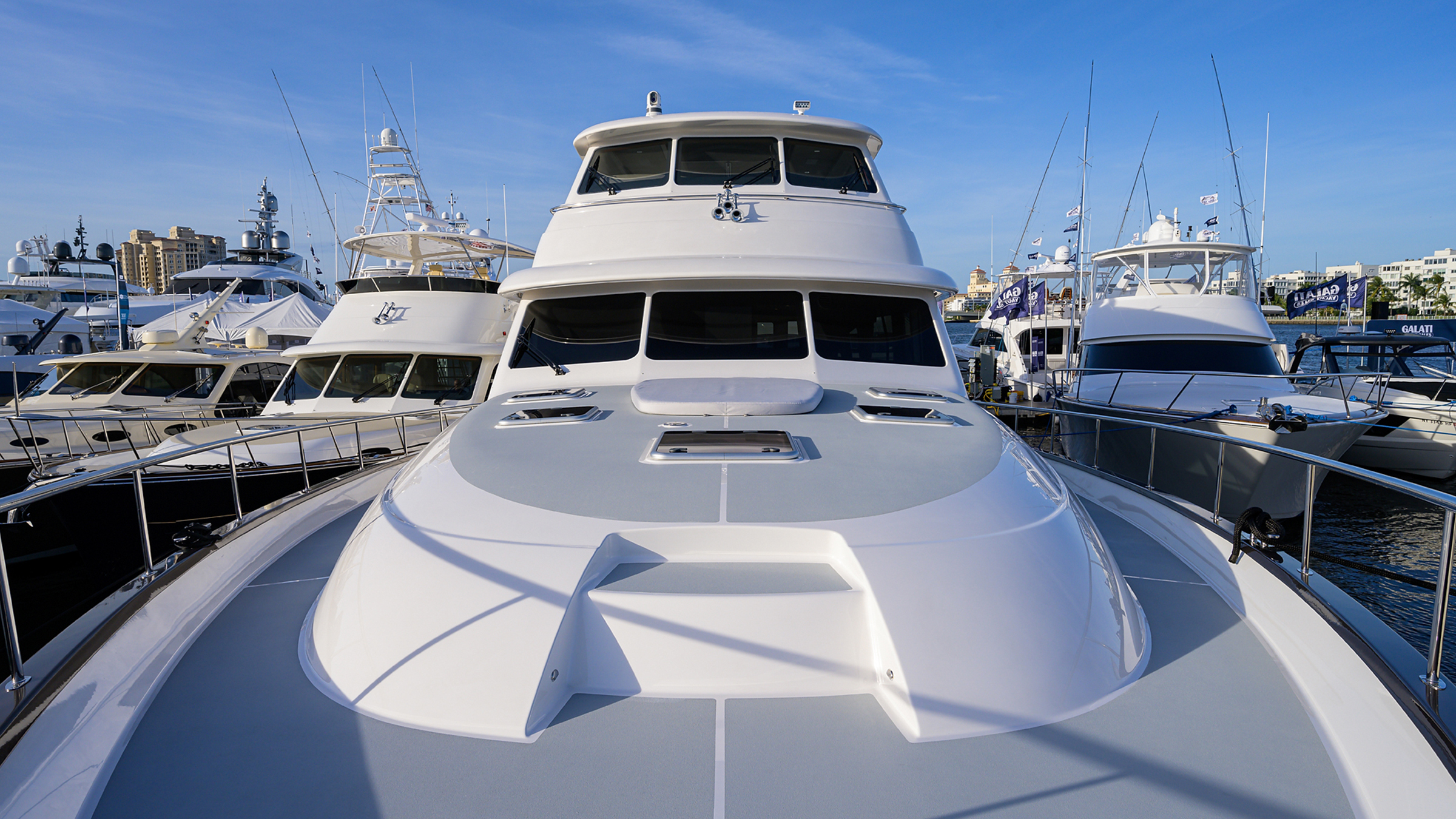 Yacht entering a slip seen from the bow