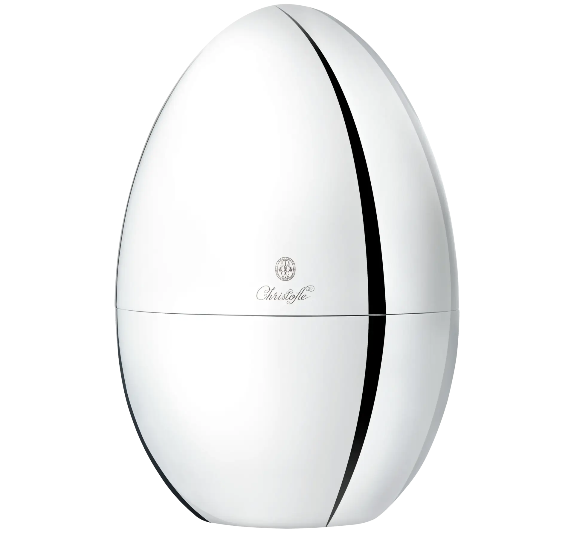 Mood egg closed, photographed against black. Mirror-polished stainless steel.