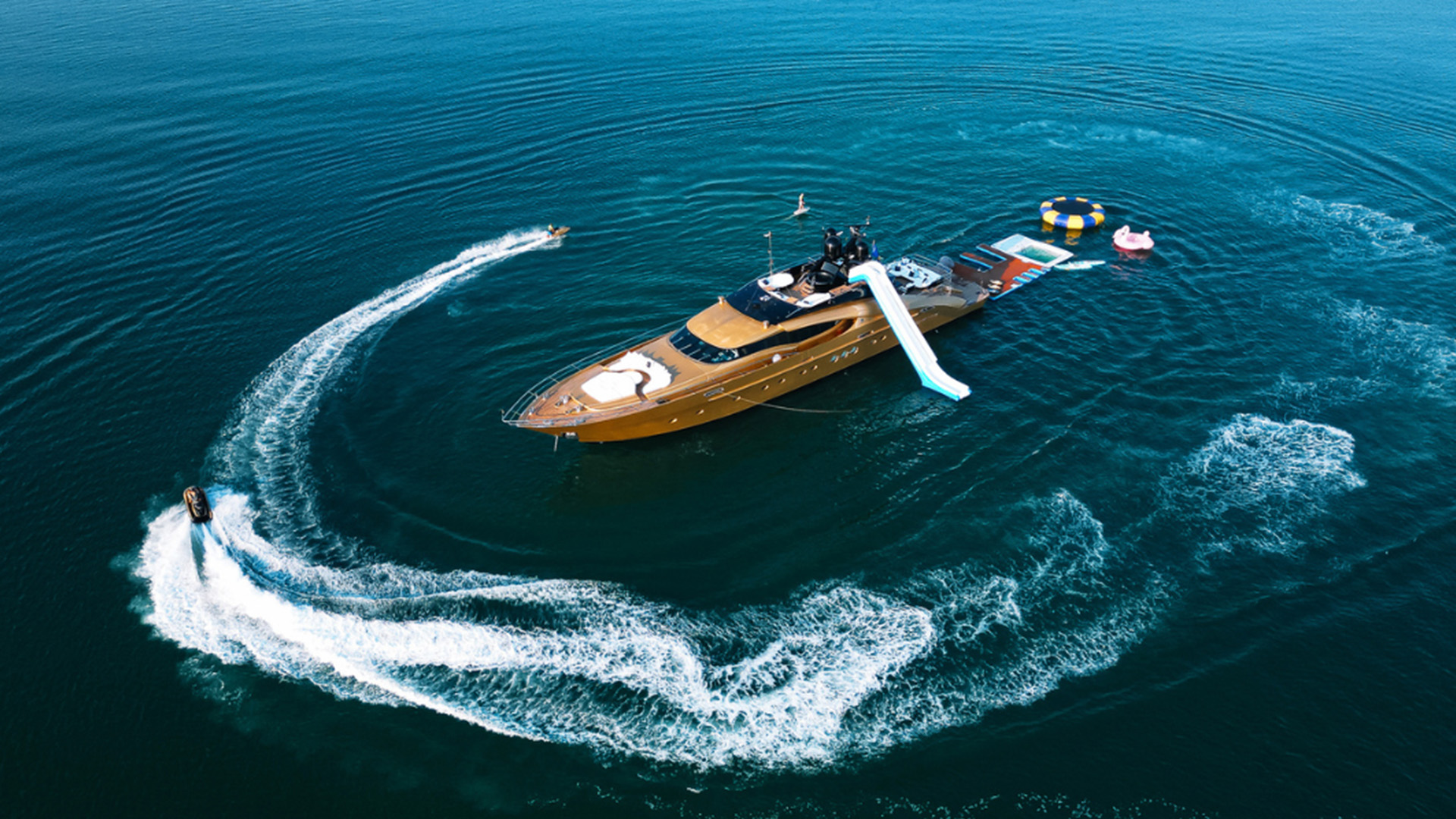 Aerial view of AK Royalty fully equipped for charter