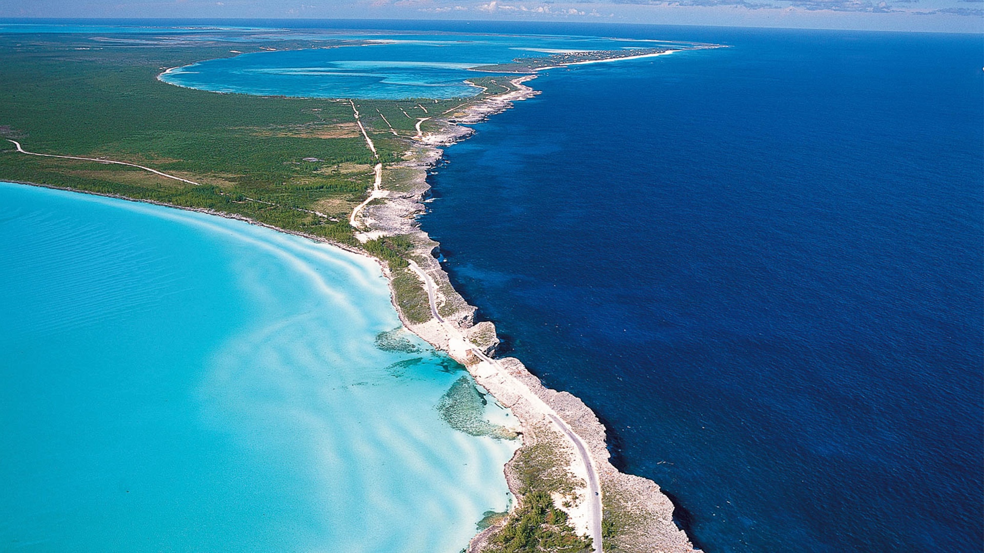 Aerial view of Eleuthera, a thin strip of land between two oceans of contrasting color