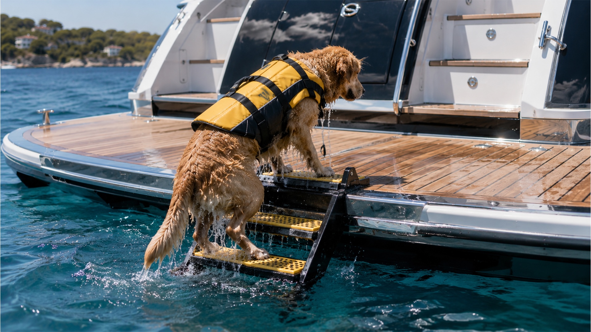 Un Golden Retriever subiendo por la escalera para perros a la plataforma de baño del yate