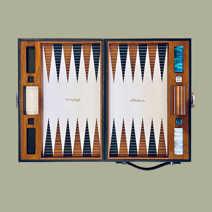 Riva Backgammon Set, open, playing field arranged in white and aquamarine.