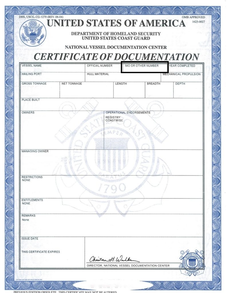 A blank United States Coast Guard Certificate of Documentation showing the Hull Identification Number field