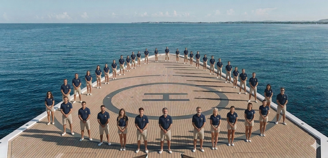 Full yacht crew lined up on the bow