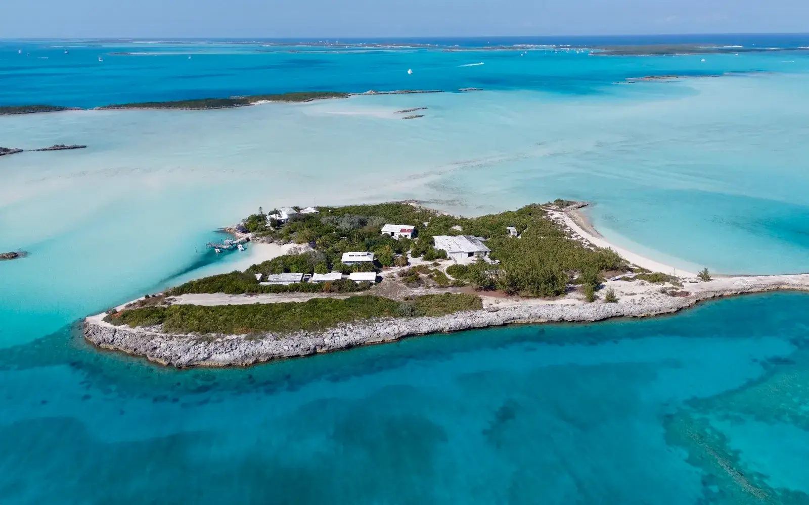 Aerial view of Leaf Cay private island in the Exuma Cays, Bahamas
