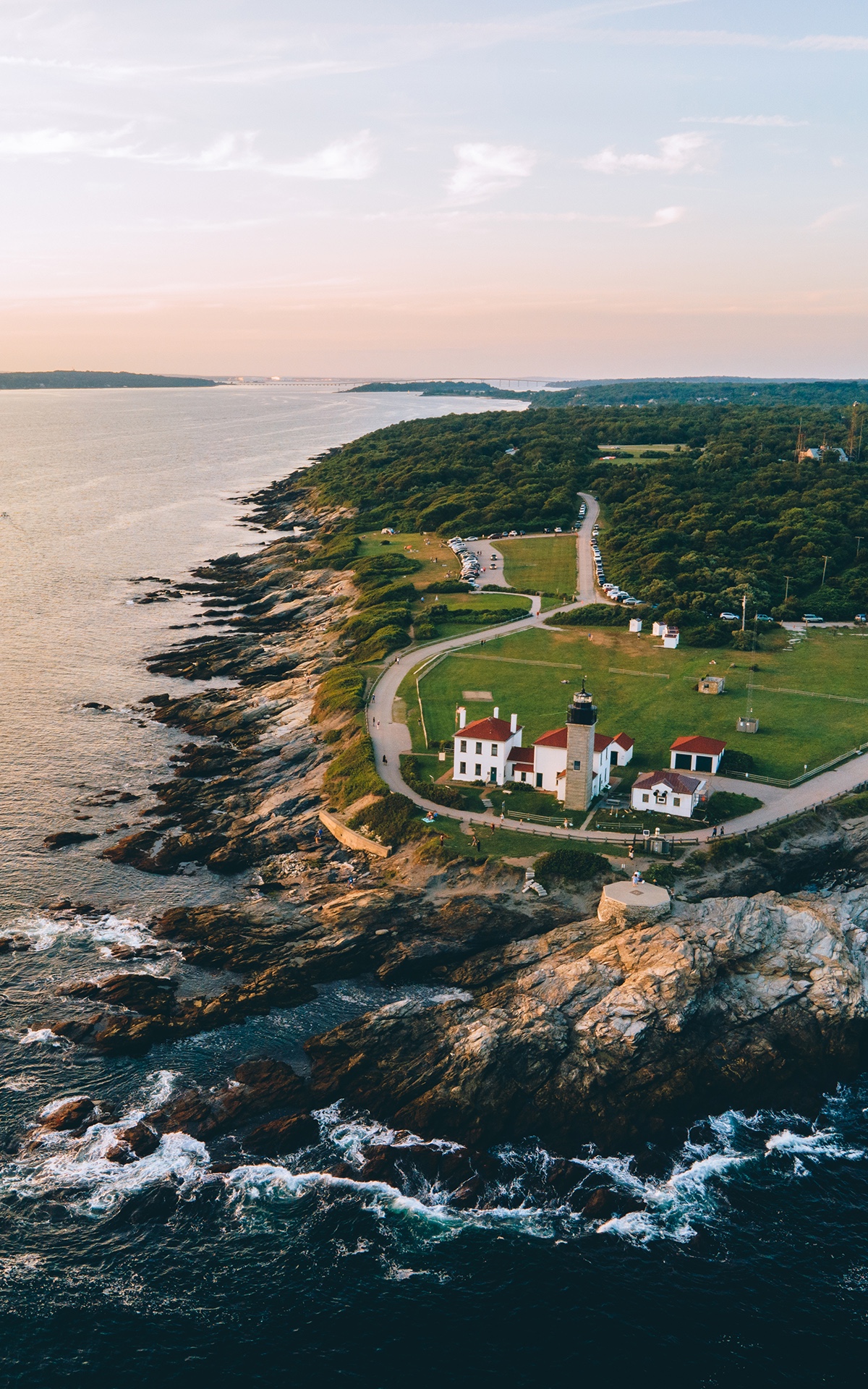 Aerial view of Beavertail Lighthouse from the sea