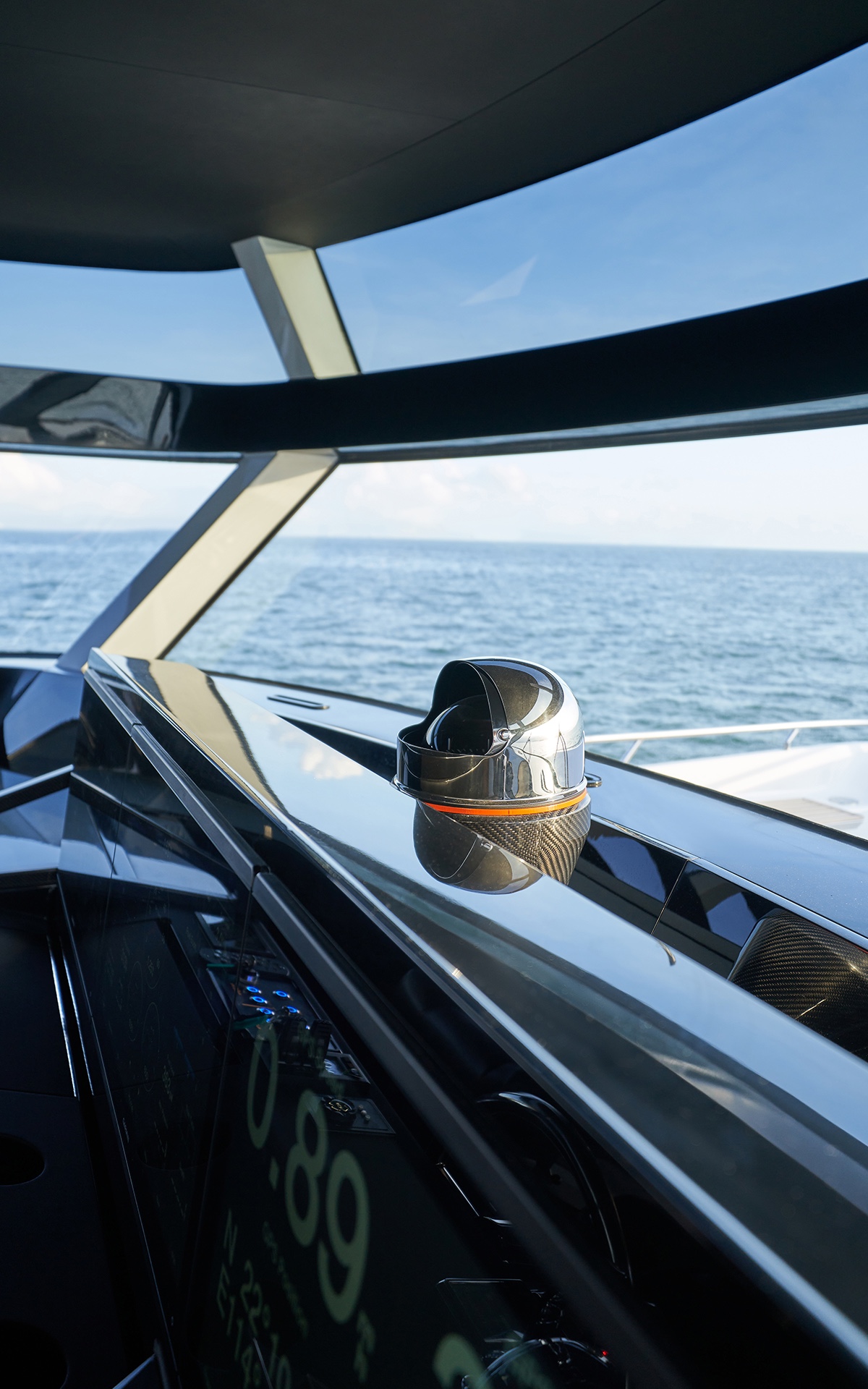 Yacht helm with a compass in close view