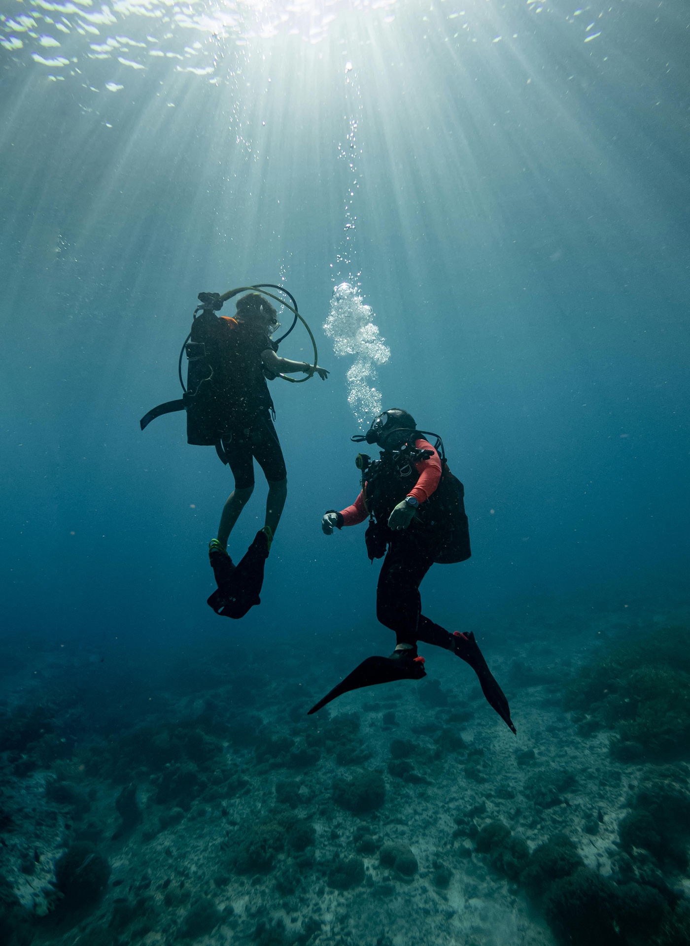 Couple scuba diving underwater