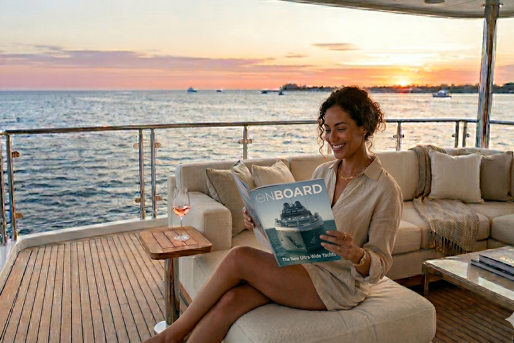Lectora en un lounge de popa con la revista impresa Onboard