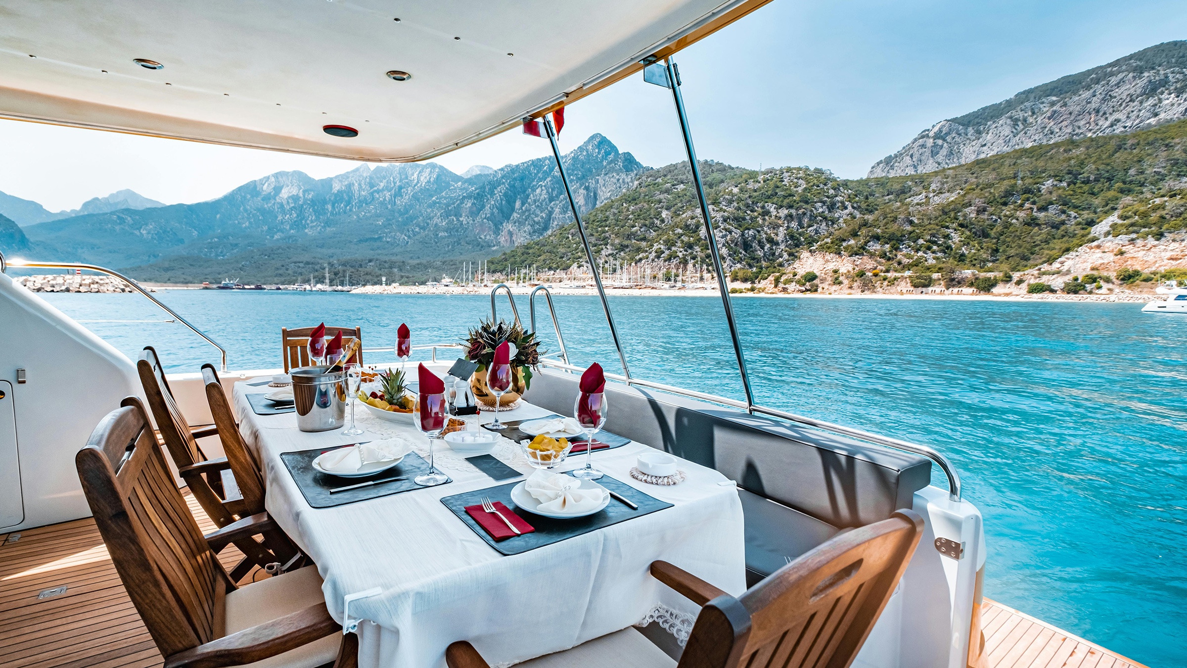 A table ready for lunch in an outdoor cockpit