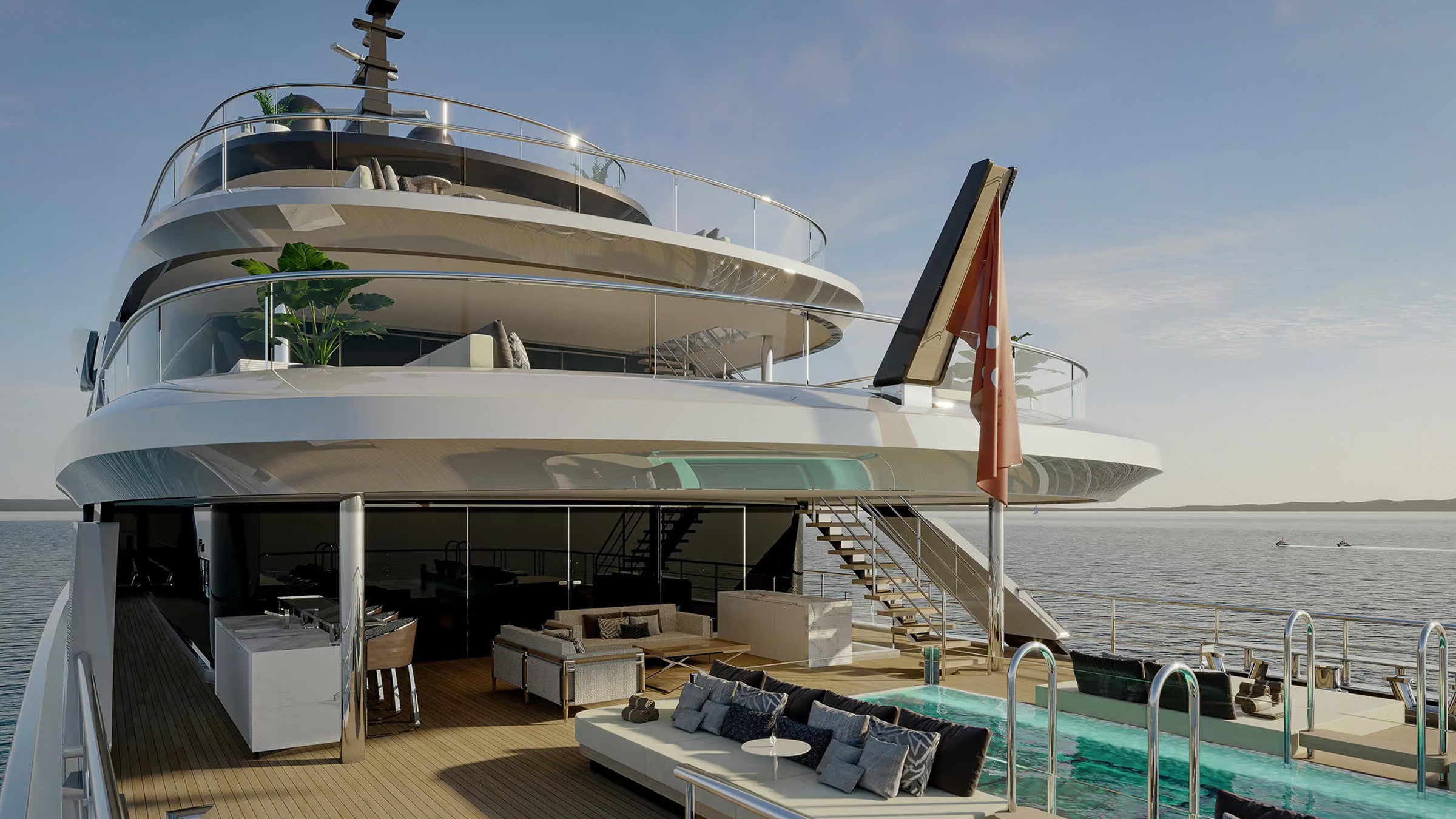 Superyacht first-deck stern with a jacuzzi