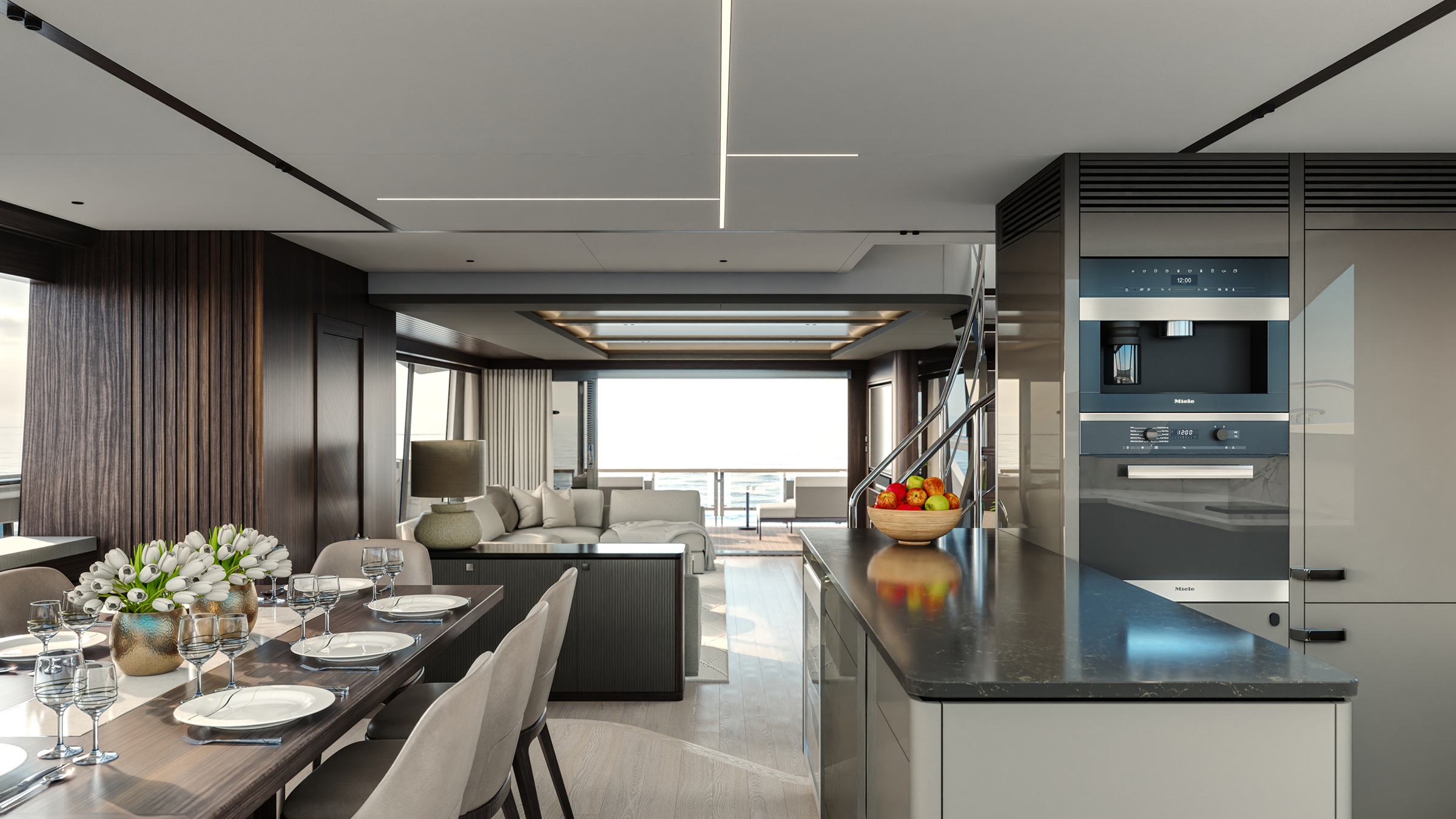 View from the interior toward the aft, dining table set