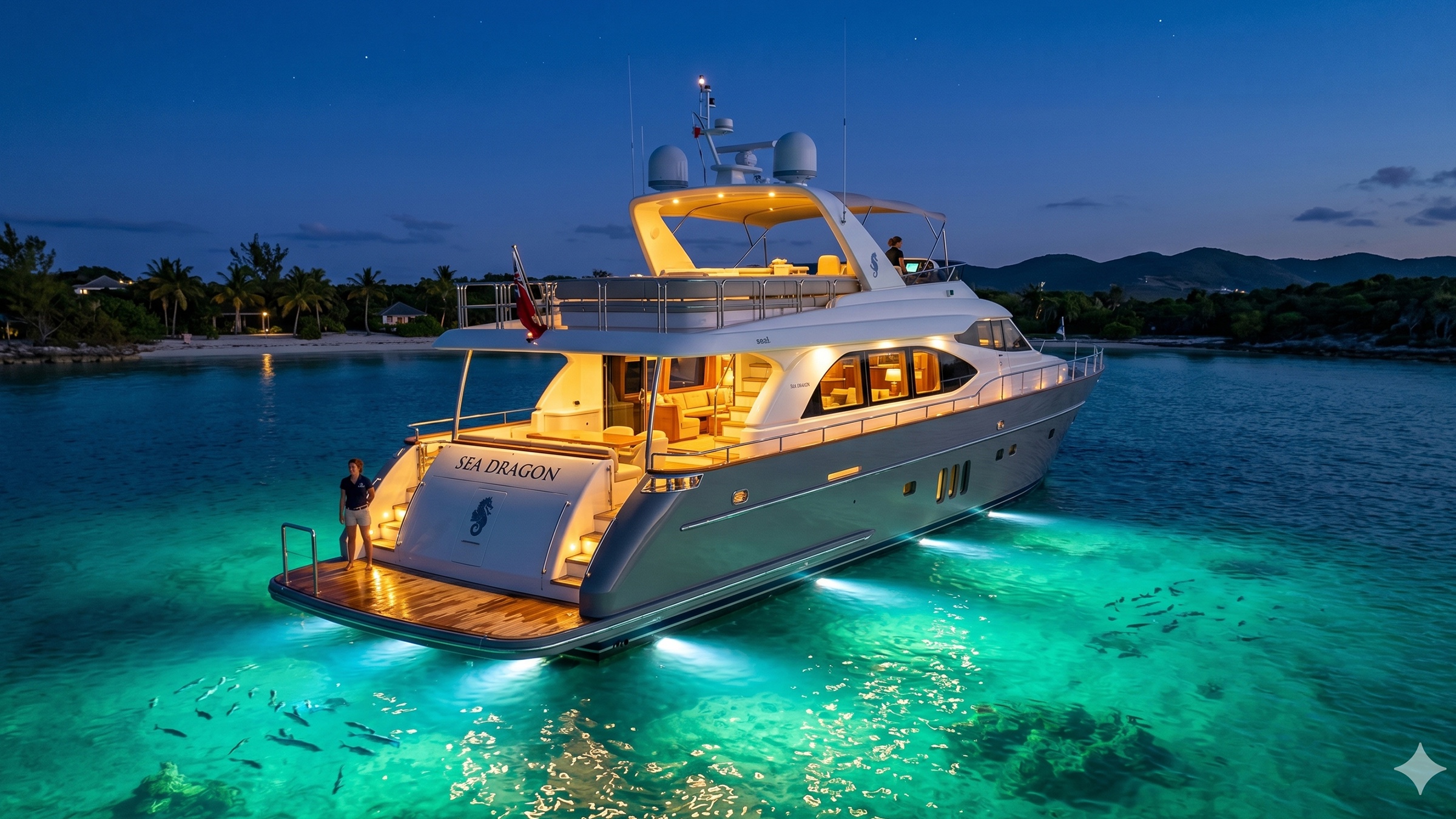 Yacht anchored in a bay at sunset with interior and underwater lights on