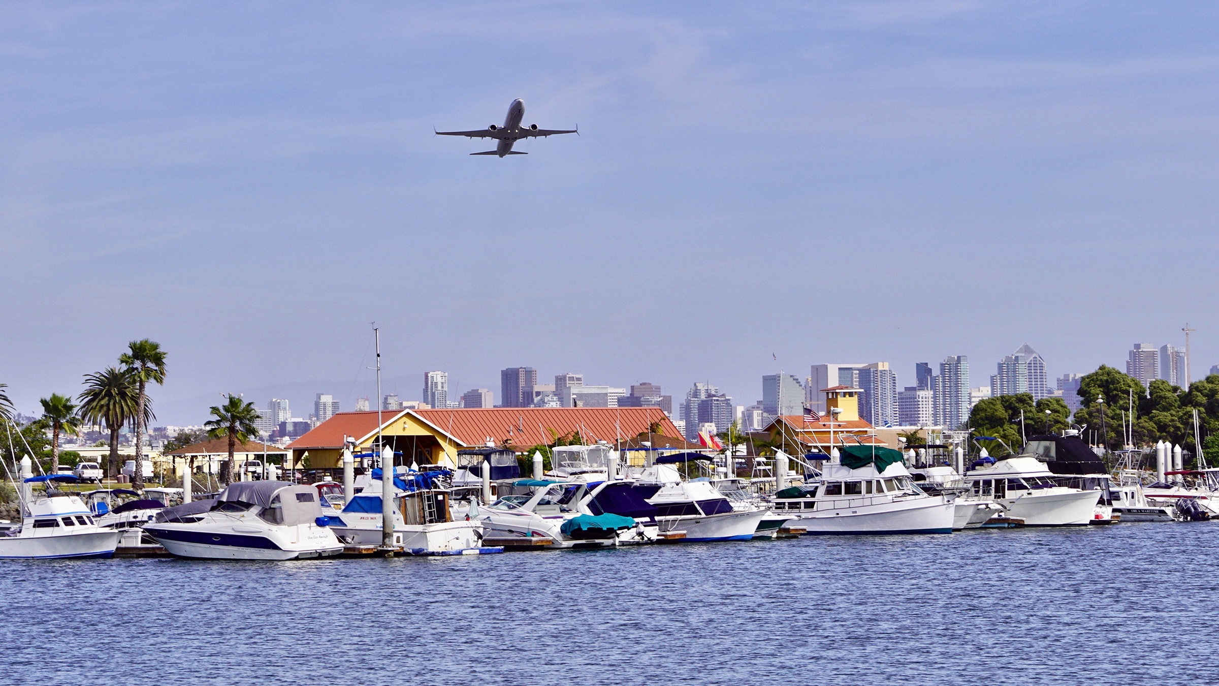 Aerial view over a San Diego marina