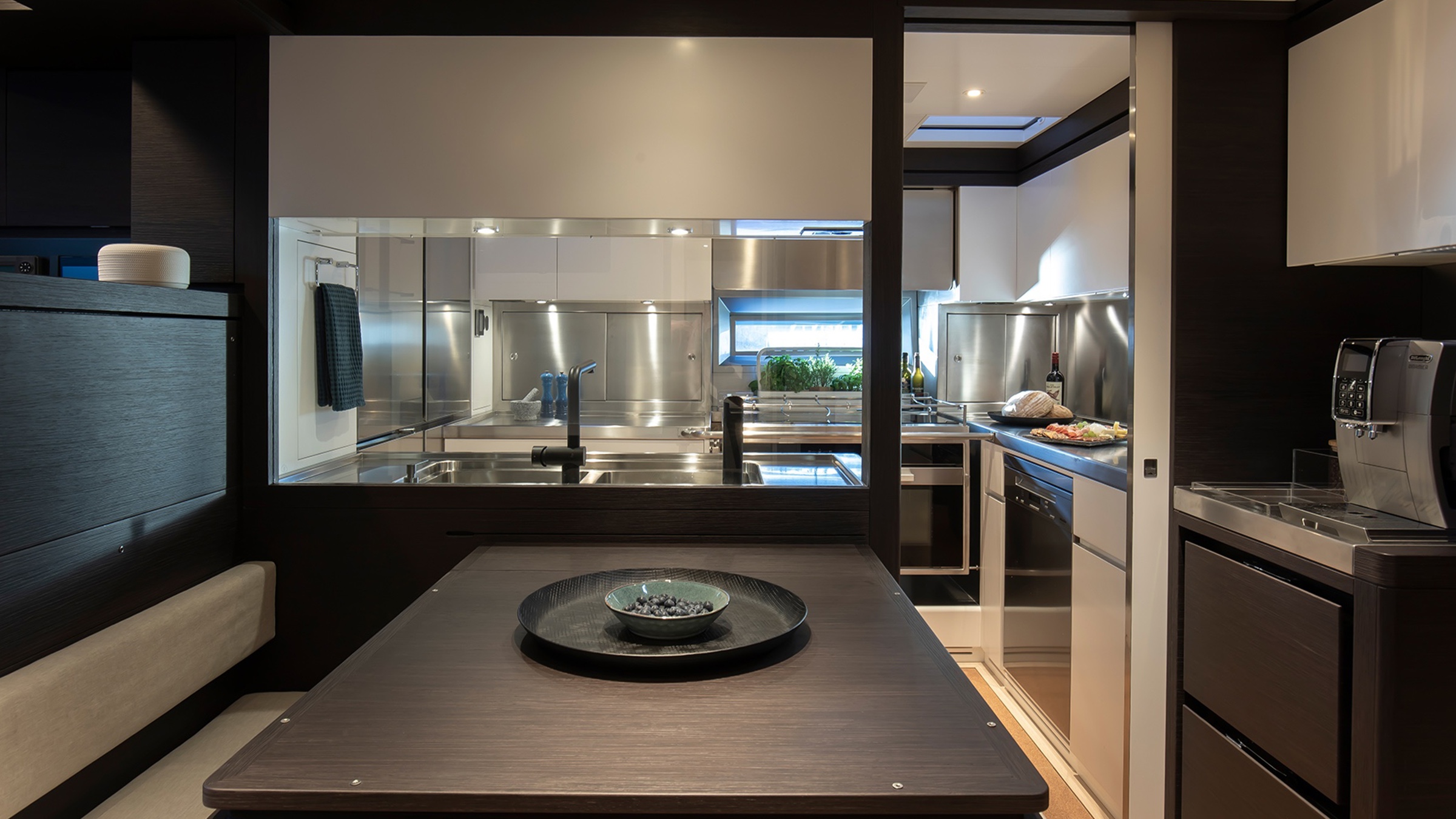 A galley with food prepared on the counter