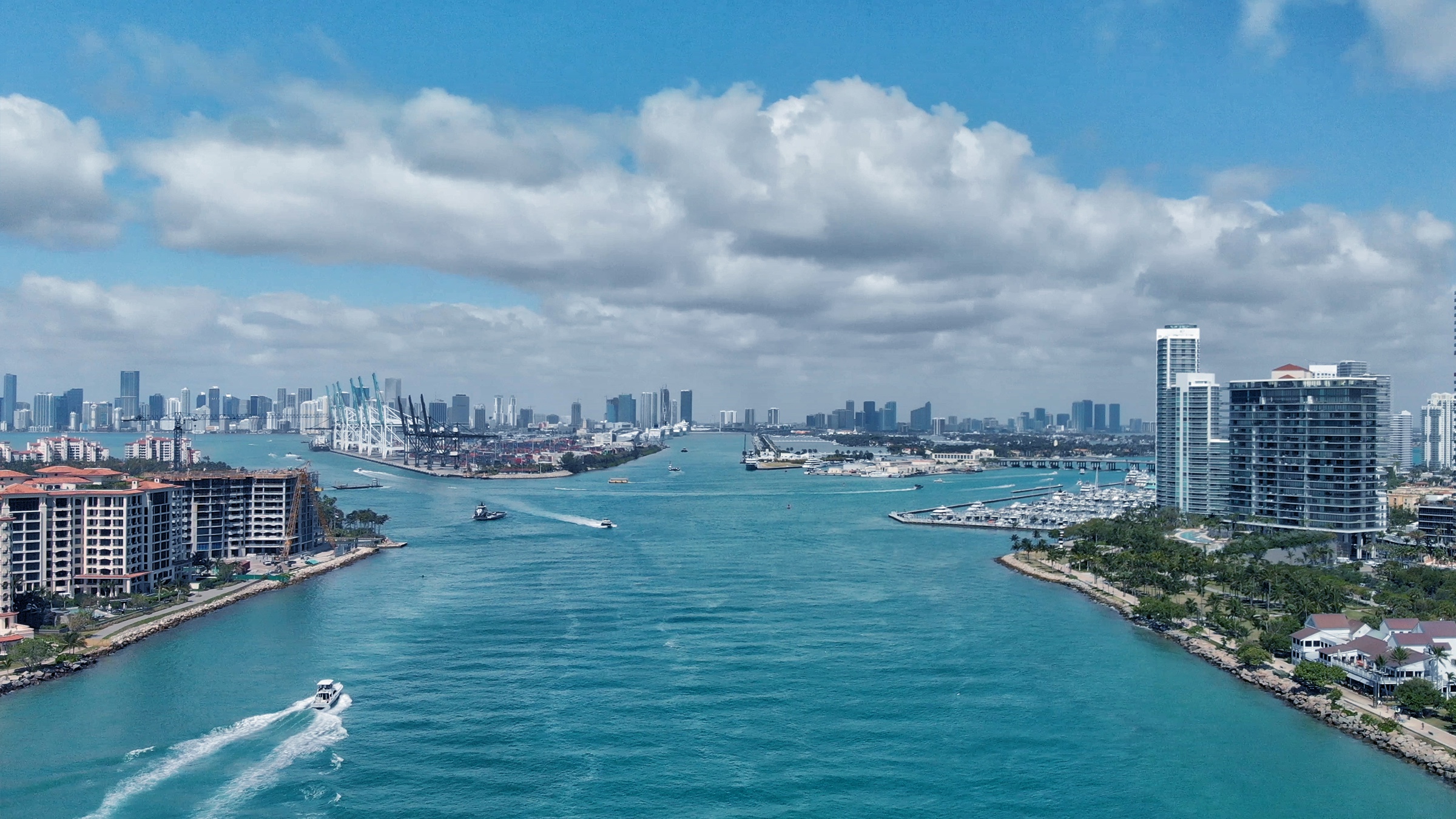 Panoramic aerial view of the Miami skyline from the south
