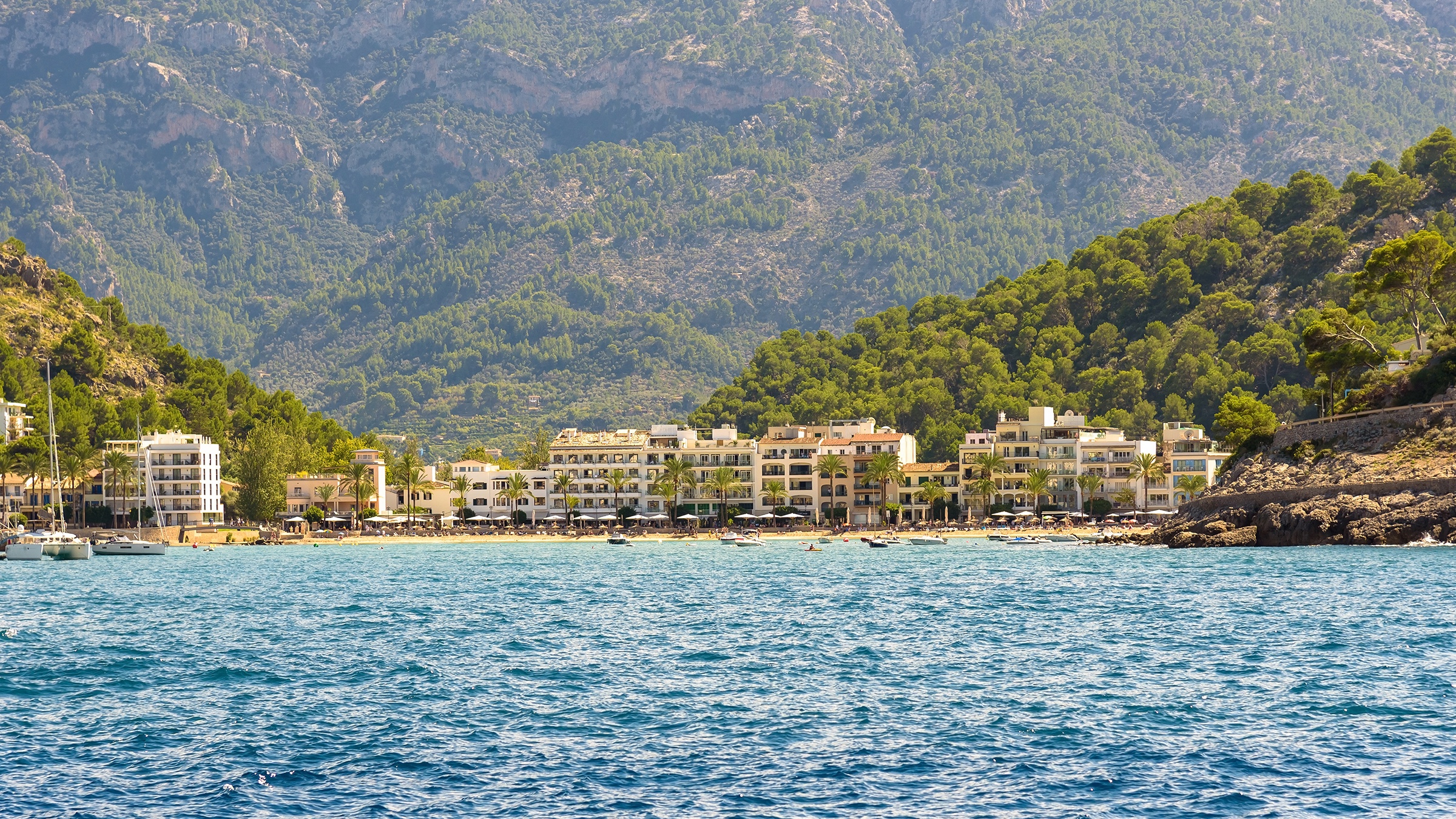 Port de Soller waterfront and mountains, Mallorca