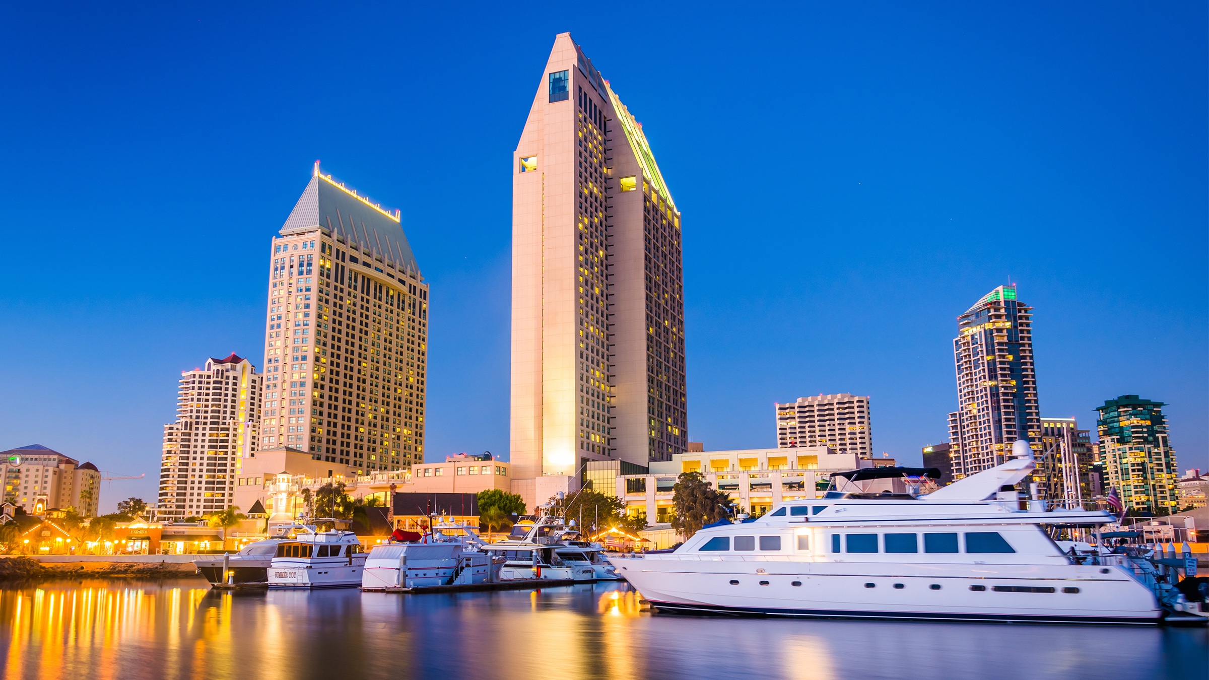 The San Diego skyline and boats at night