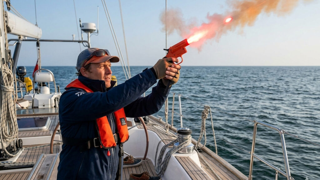 Capitan de un velero tirando una bengala de emergencia con la pistola lanzabengas desde la cubierta de su velero